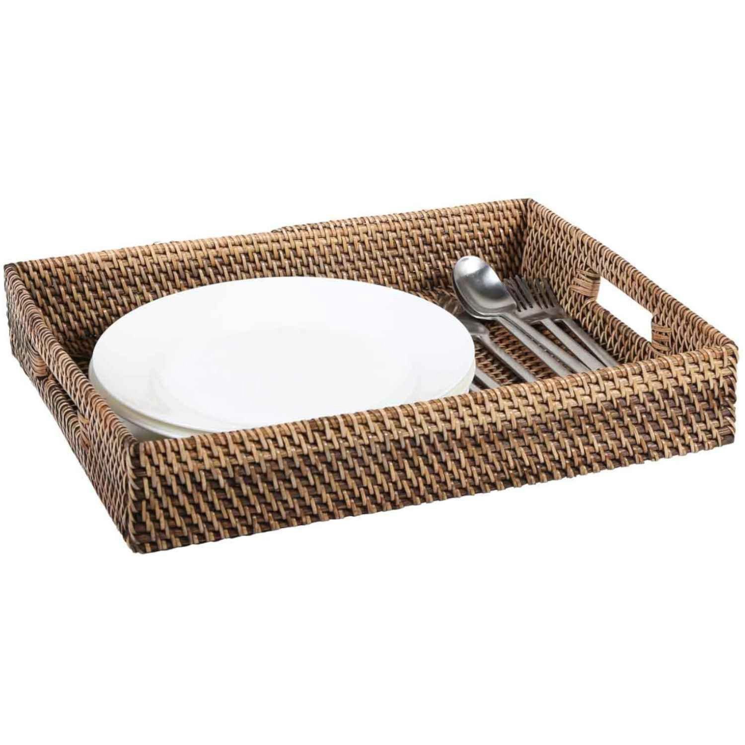Casa Moro Dekotablett Rattan Serviertablett Lisa Braun rechteckig mit Griffe (Boho Chic Servierplatte), dekoratives Tablett für Getränke, Frühstück, Tee, Service
