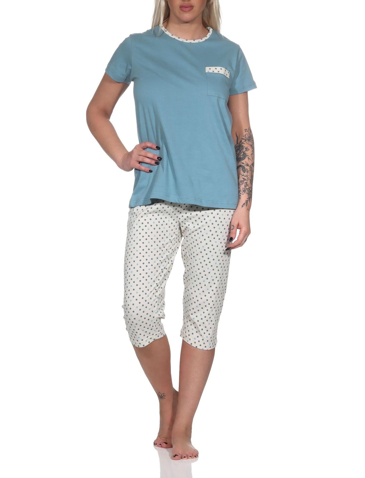 Normann Pyjama Normann Damen kurzarm Pyjama mit Caprihose in Tupfen Punkte Optik