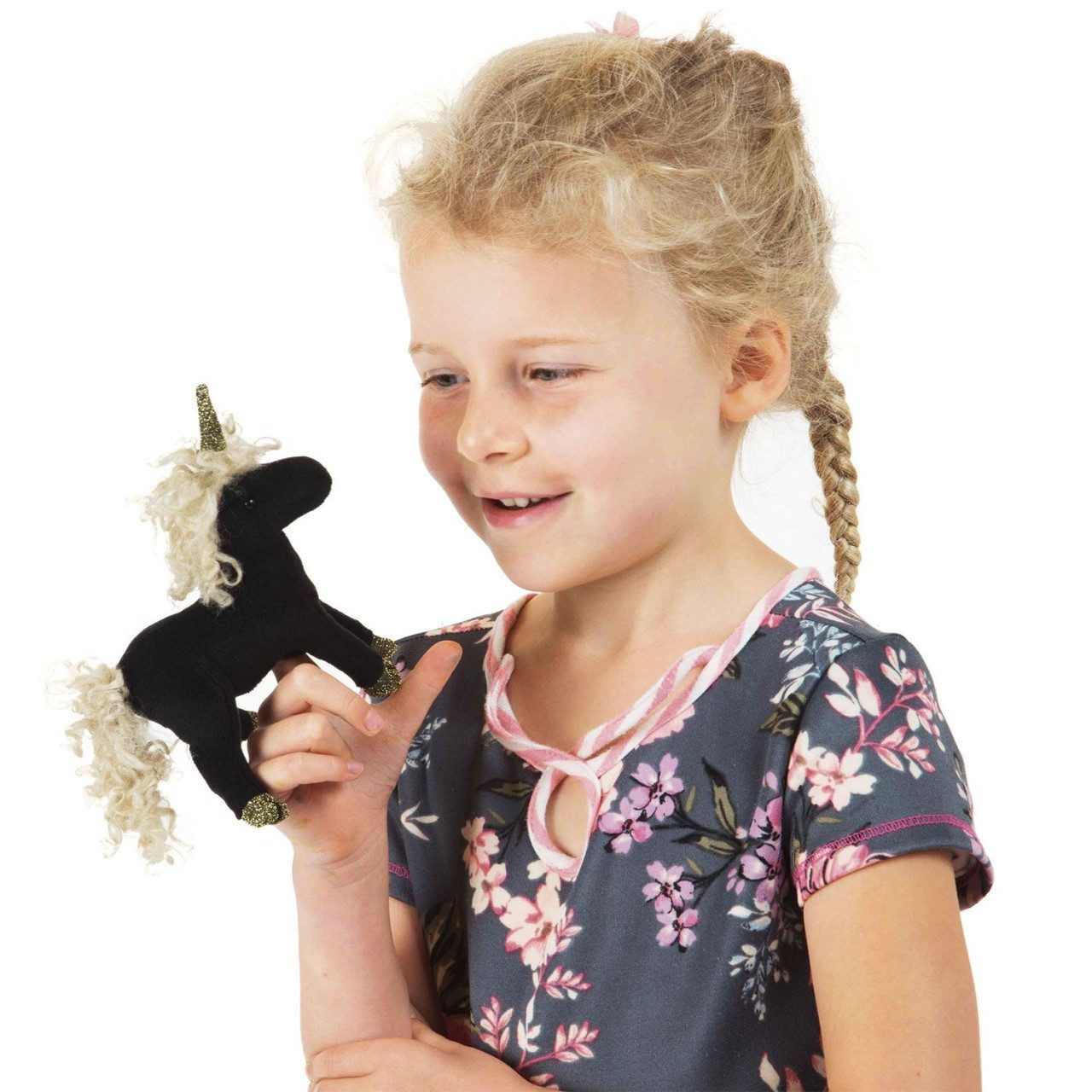 Folkmanis Handpuppen Fingerpuppe Folkmanis Fingerpuppe Mini Einhorn / Mini Black Unicorn 2797 (Packung)