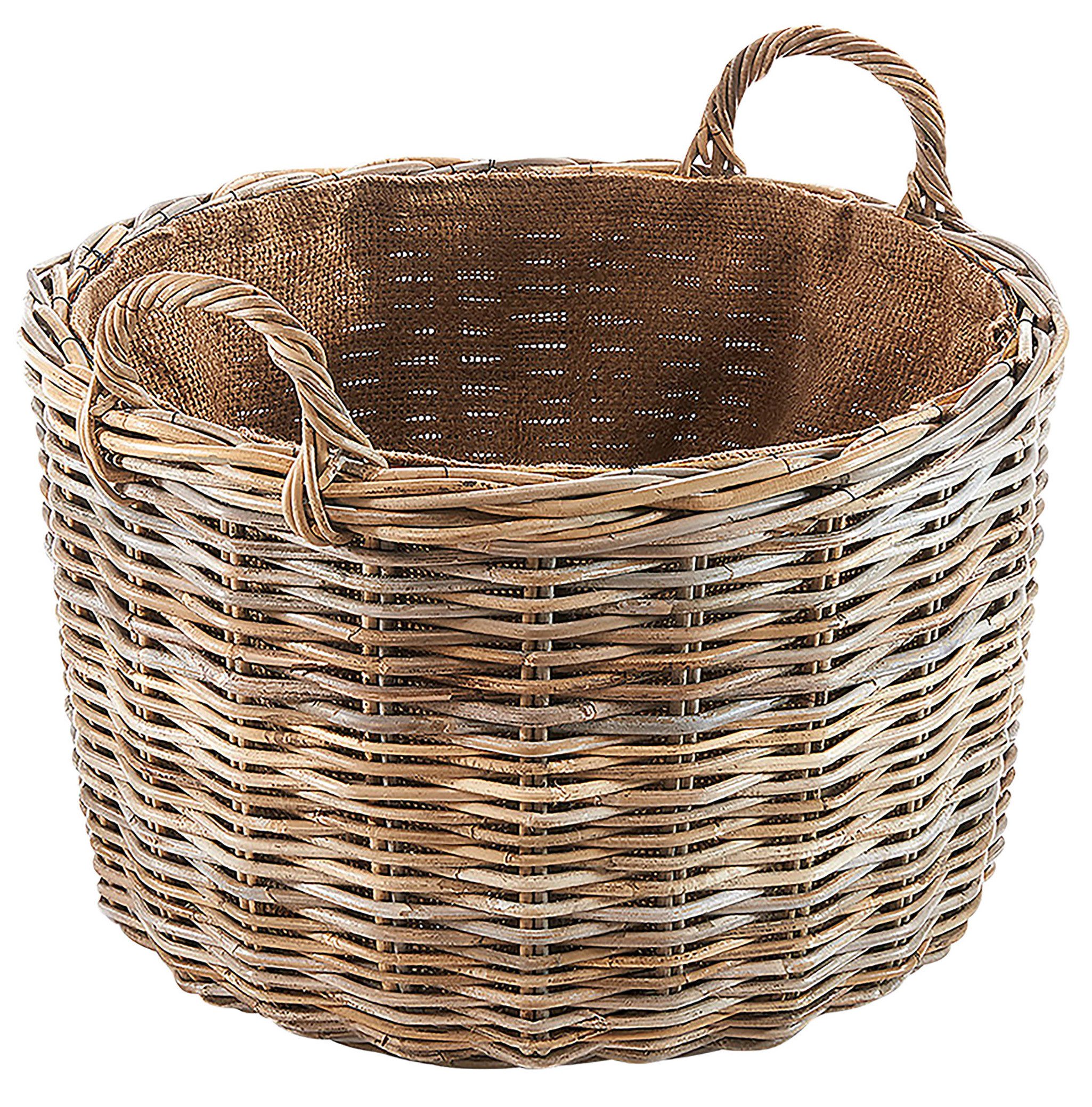 Kobolo Kaminholzkorb Holzkorb rund aus grauem Rattan mit Leinenstoff