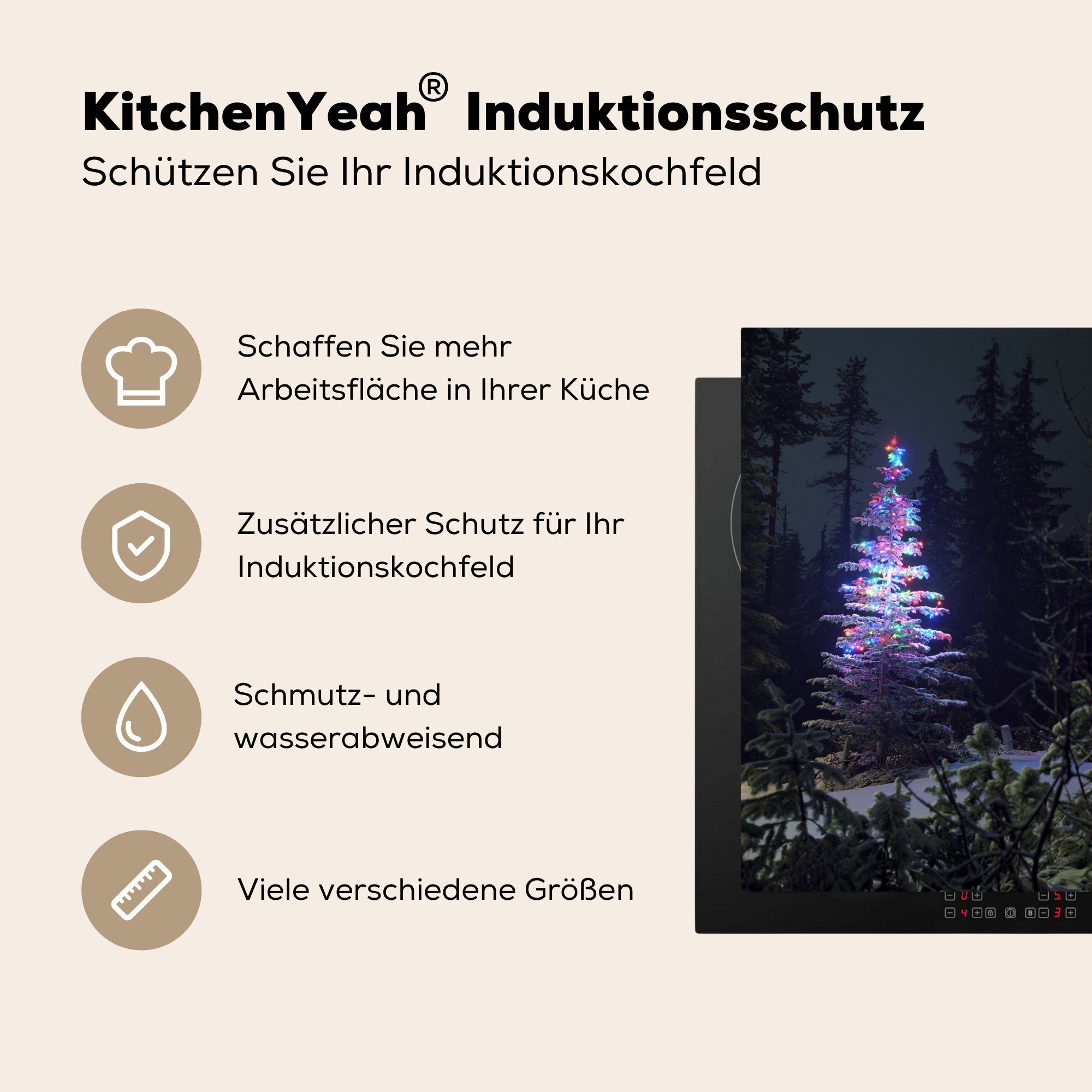 MuchoWow Herdblende-/Abdeckplatte tlg), in (1 Ceranfeldabdeckung, dunklen Vinyl, küche 78x78 cm, Arbeitsplatte einem Weihnachtsbaum Wald, für Beleuchteter