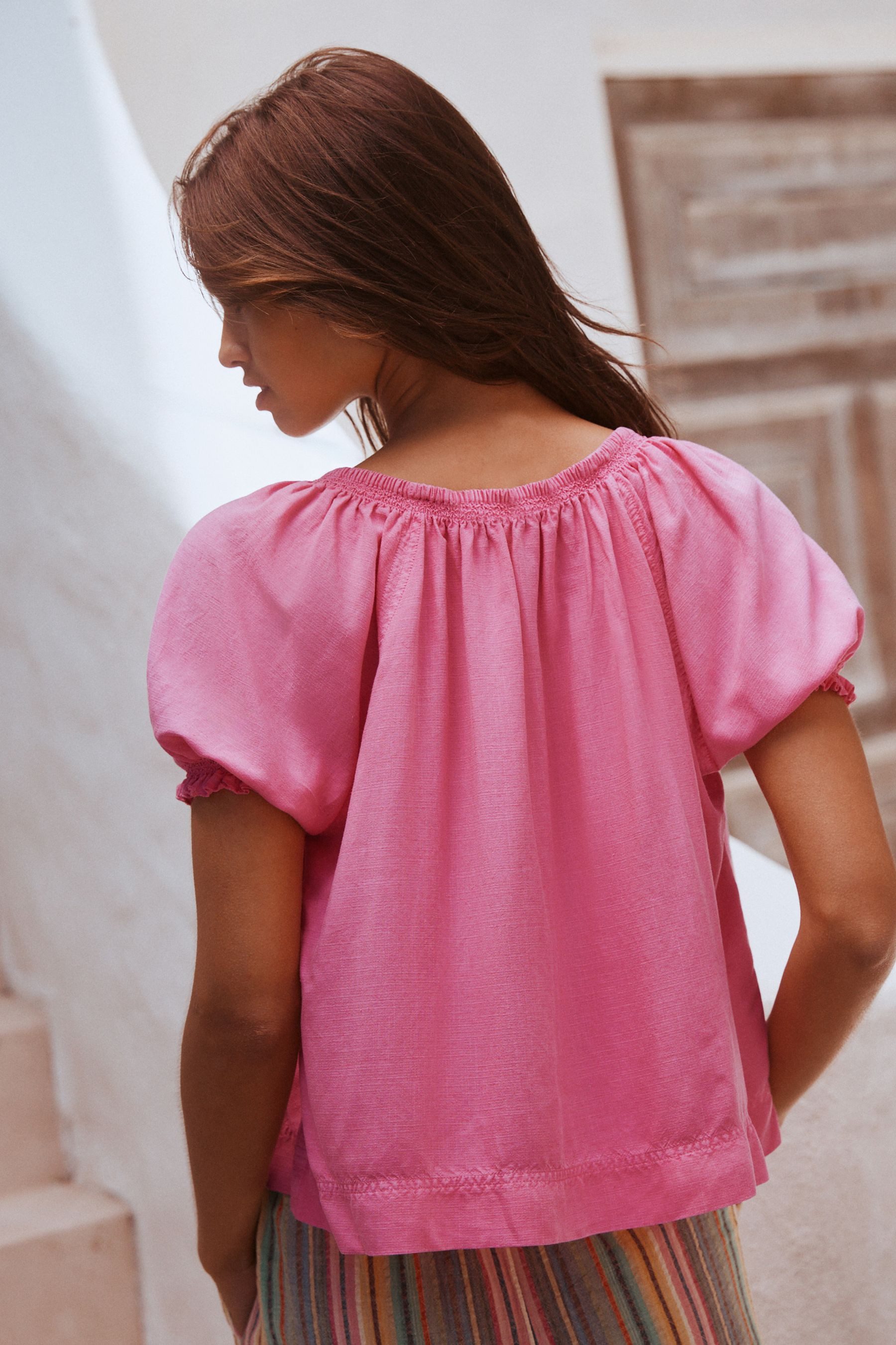 Next Carmenbluse Bardot-Oberteil mit Puffärmeln und Leinenanteil (1-tlg)