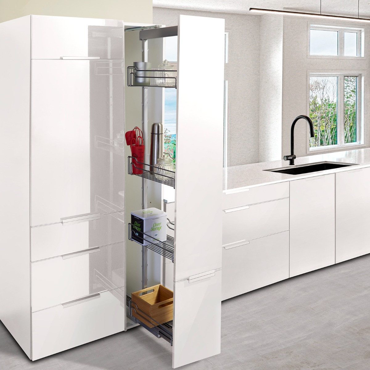 Kesseböhmer Auszugsboden Dispensa-X silbergrau für 30 cm Schrankbreite SoftstopPlus, Clickfixx und 4 Einhängetablare, Tragrahmen 1200-1600 mm