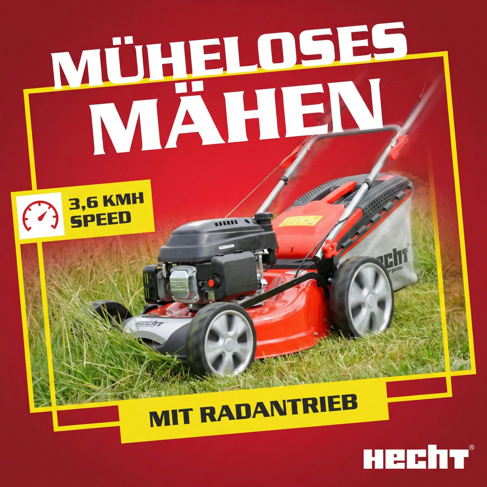 Hecht Benzinrasenmäher 551 SX 5in1 mit Radantrieb Stahlgehäuse, 51 cm Schnittbreite, 5,2 PS, 25-75 mm Schnitthöhe, 65L Fangkorb