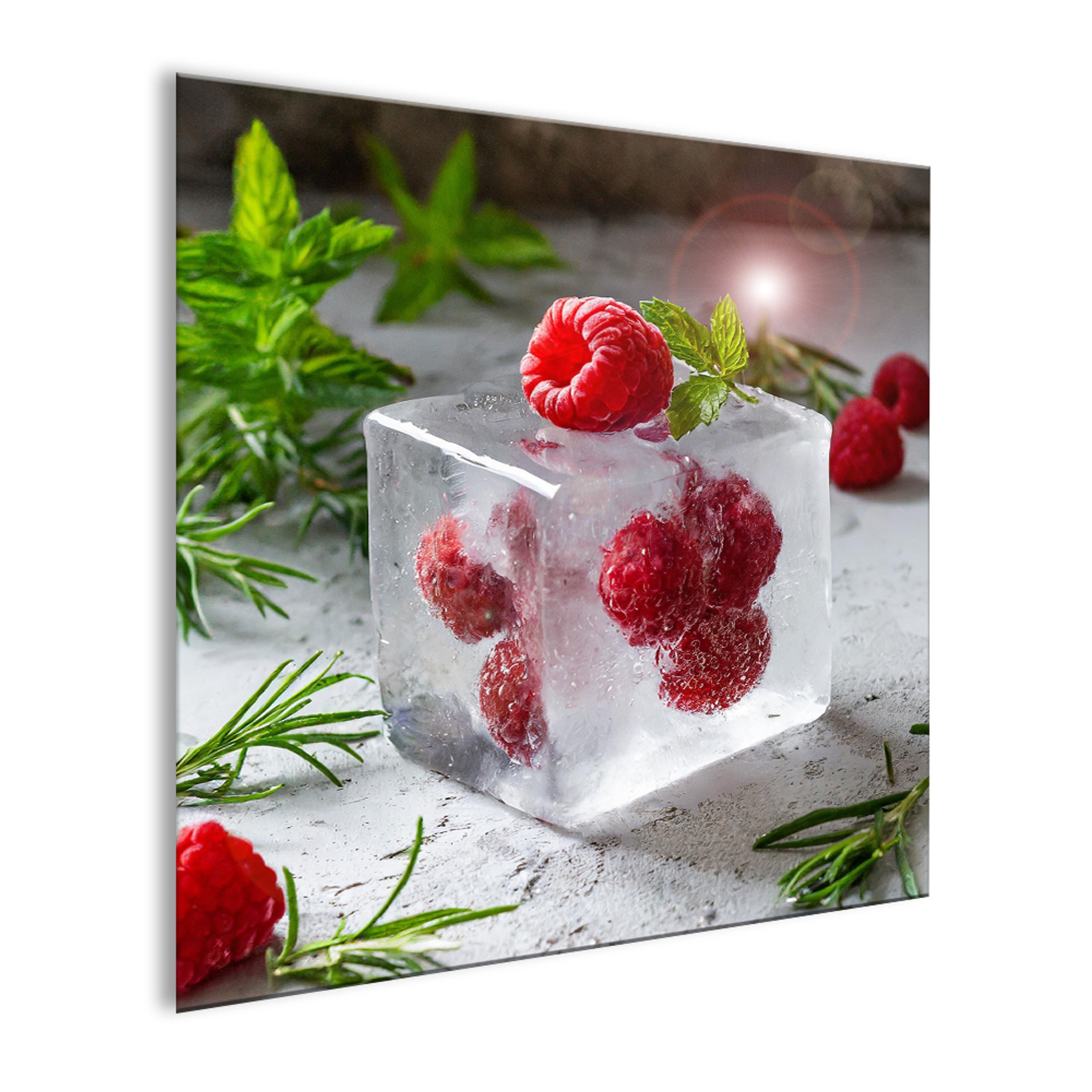 artissimo Glasbild Bild aus Glas 30x30 cm / Wandbild Küche / Küchendeko Wand, Küchenbild: Eiswürfel mit Himbeeren