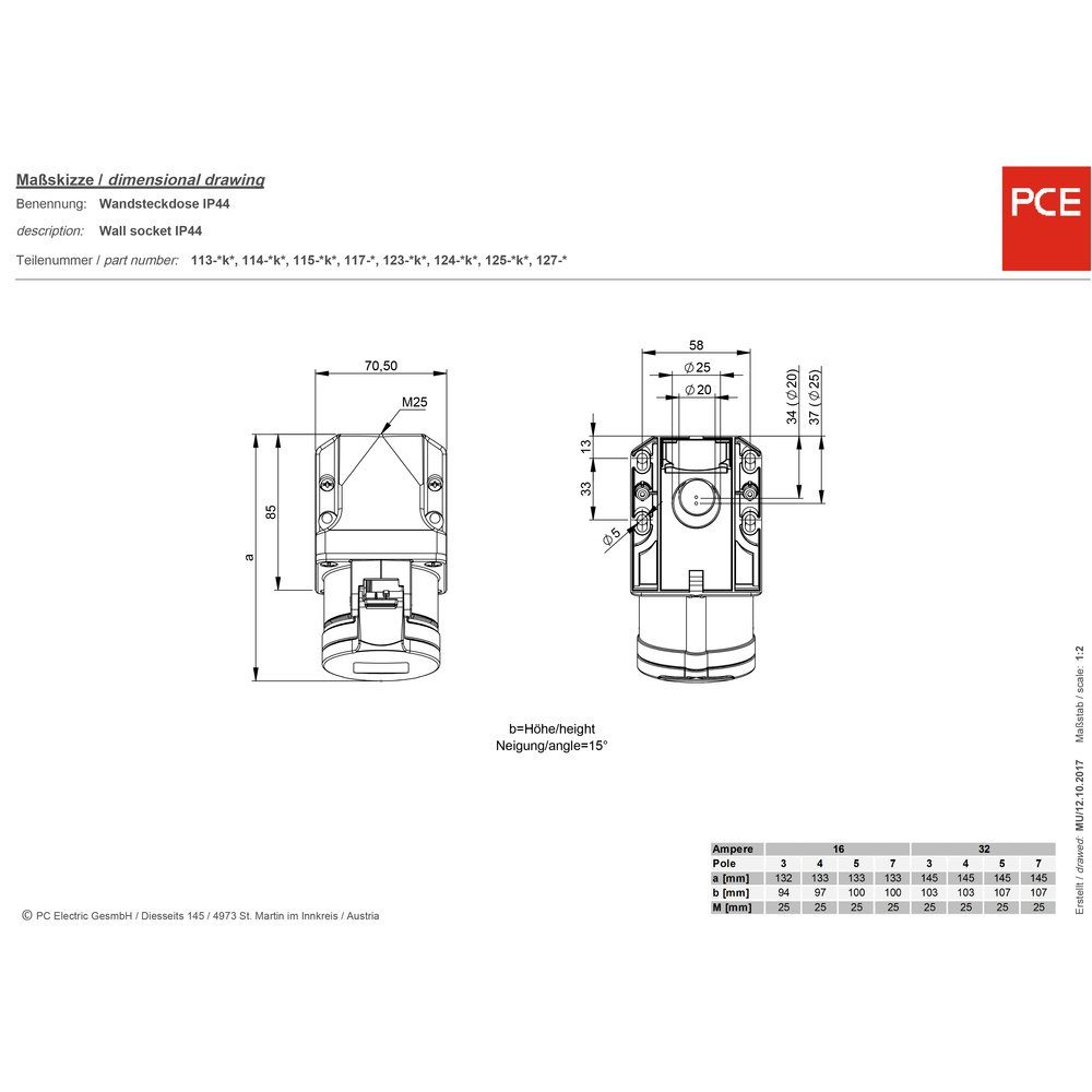 PCE Steckdose PCE 127-6v CEE Wandsteckdose 32 A 7polig 400 V 1 St.