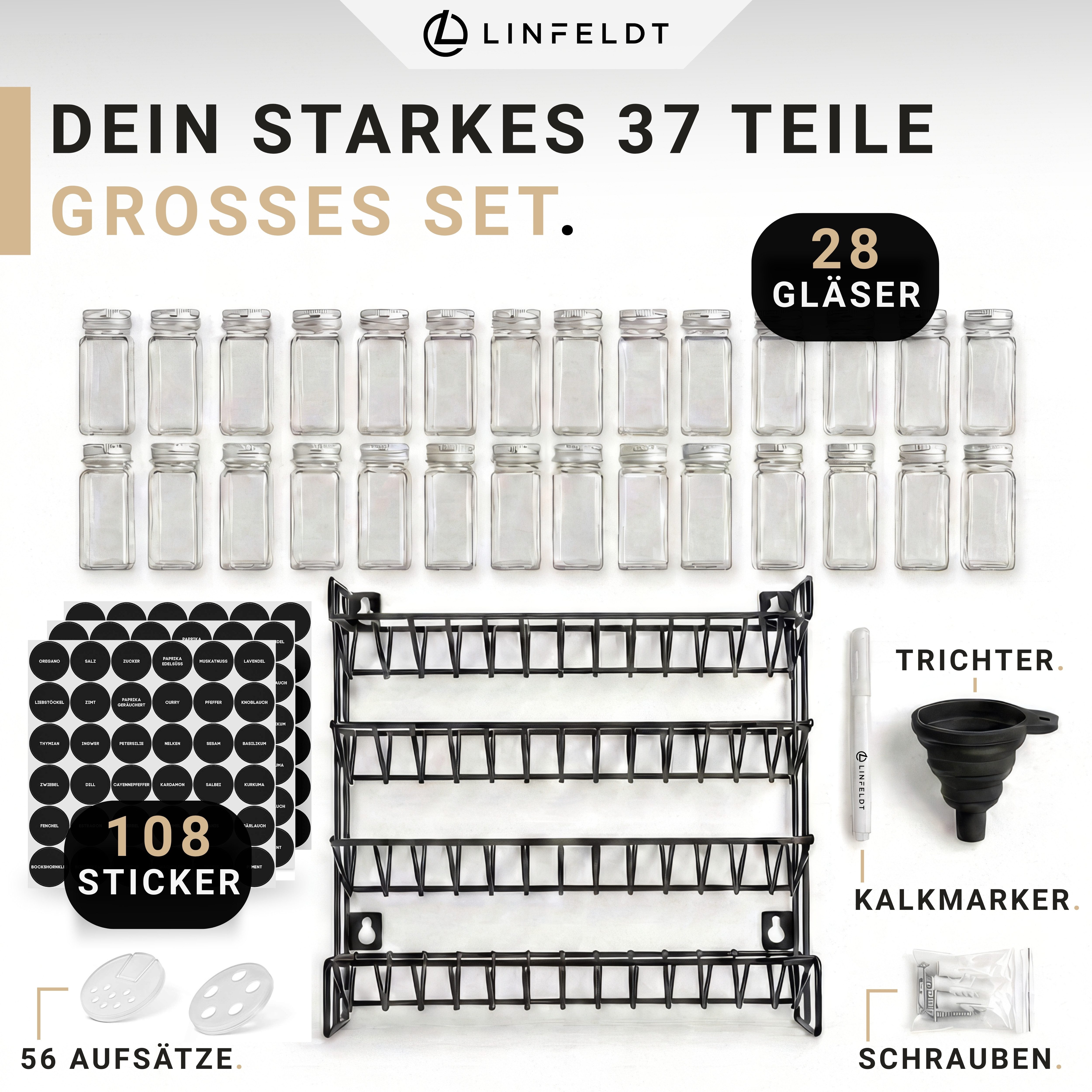 LINFELDT Gewürzregal Gewürzregal 28 Gläser + 108x Sticker, Stift, Schrauben zum Aufhängen