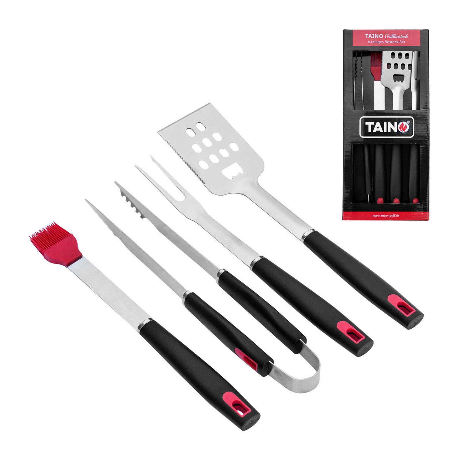 TAINO Grillbesteck-Set, (Set, 4 tlg., Grillzubehör), aus Edelstahl, robust, inkl. Silikonpinsel zum Marinieren