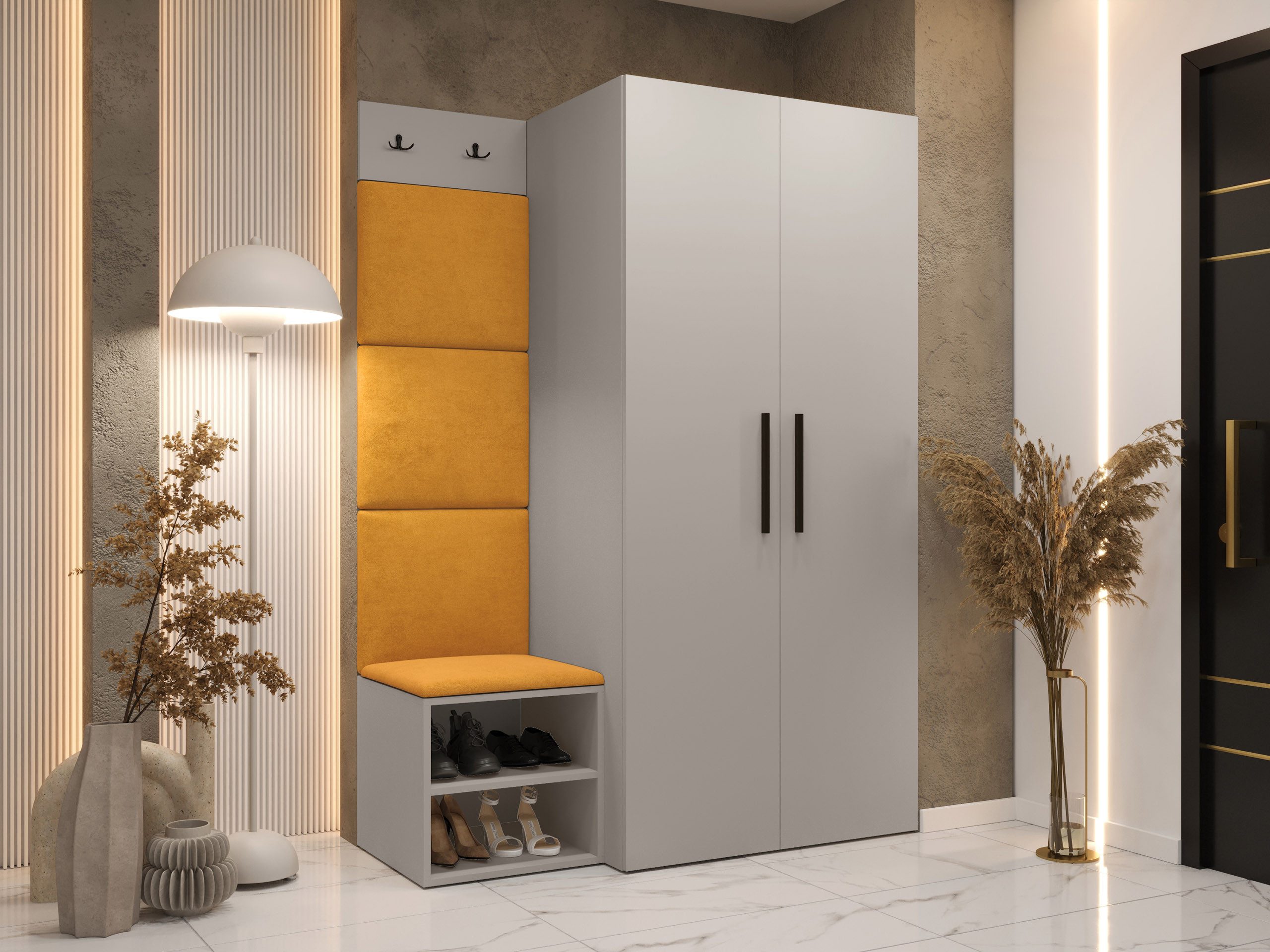 MIRJAN24 Garderoben-Set Medi IV, (Drehtürenschrank, Schuhschrank, 4x Paneel 42x42), 2 Kleiderhaken für Kleidung