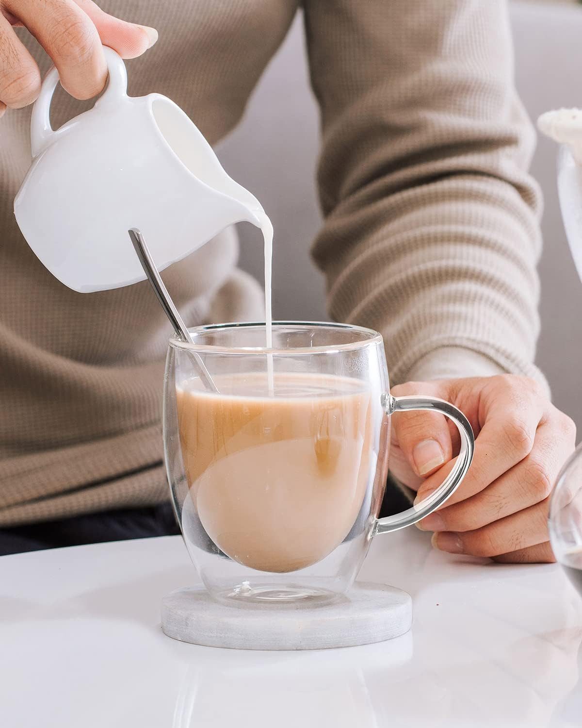LIBWYS Thermotasse Kaffeetassen aus Glas für Tee & Cappuccino doppelwandig 2er Set 350 ml, 4-tlg., Glas, Doppelwandige Thermotassen 350 ml aus Glas mit Griff