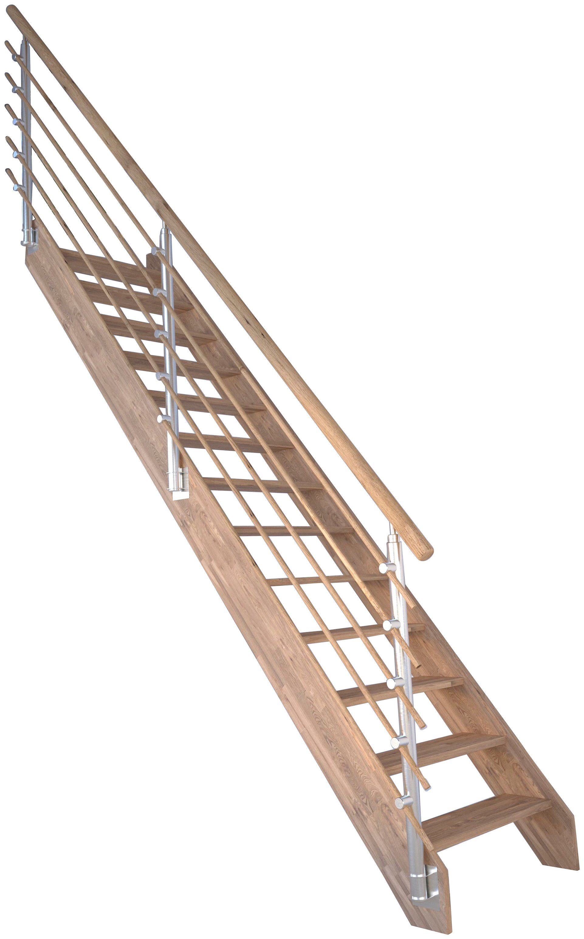 Starwood Raumspartreppe Massivholz Rhodos, Design-Geländer Holzrundstäb, für Geschosshöhen bis 300 cm, Stufen offen, Durchgehende Wangenteile