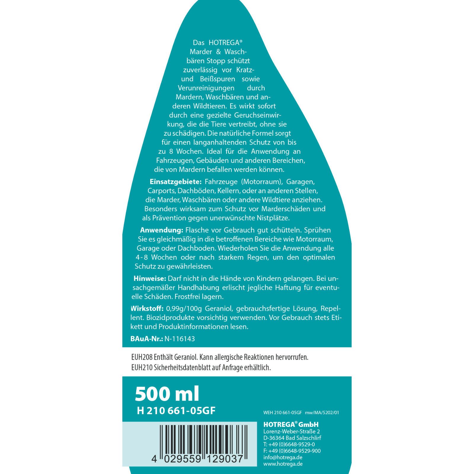 HOTREGA® Vergrämungsmittel Marder & Waschbären Stopp, für Motorraum, Dachboden, Garage, 500ml, 0.5 l