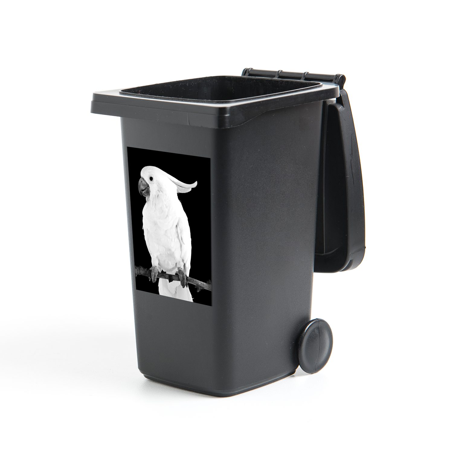 MuchoWow Wandsticker Weißer Kakadu auf schwarzem Hintergrund - schwarz und weiß (1 St), Mülleimer-aufkleber, Mülltonne, Sticker, Container, Abfalbehälter