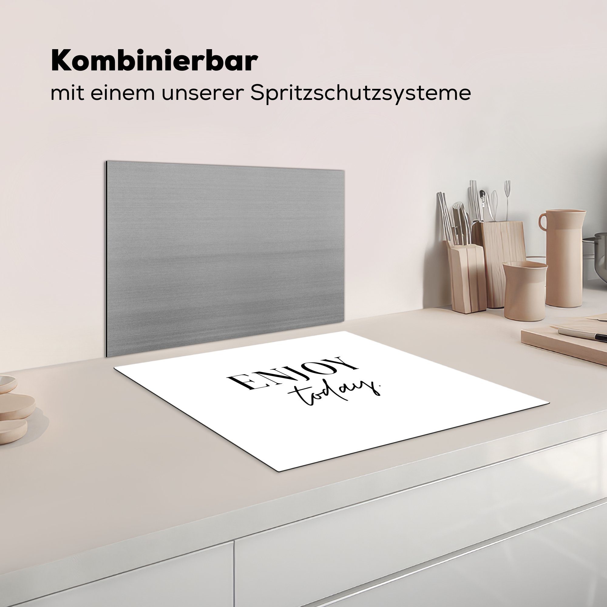 nutzbar, MuchoWow - cm, Ceranfeldabdeckung tlg), Schwarz Arbeitsfläche 60x52 Tag weiß, (1 - und - Mobile Vinyl, Text Zitate Herdblende-/Abdeckplatte Genieße den