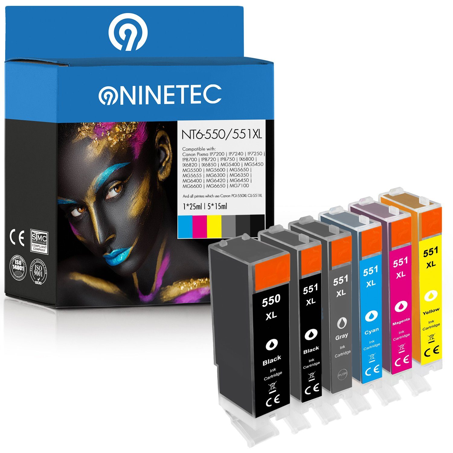 NINETEC 6er Set ersetzt Canon PGI-550 CLI-551 Tintenpatrone