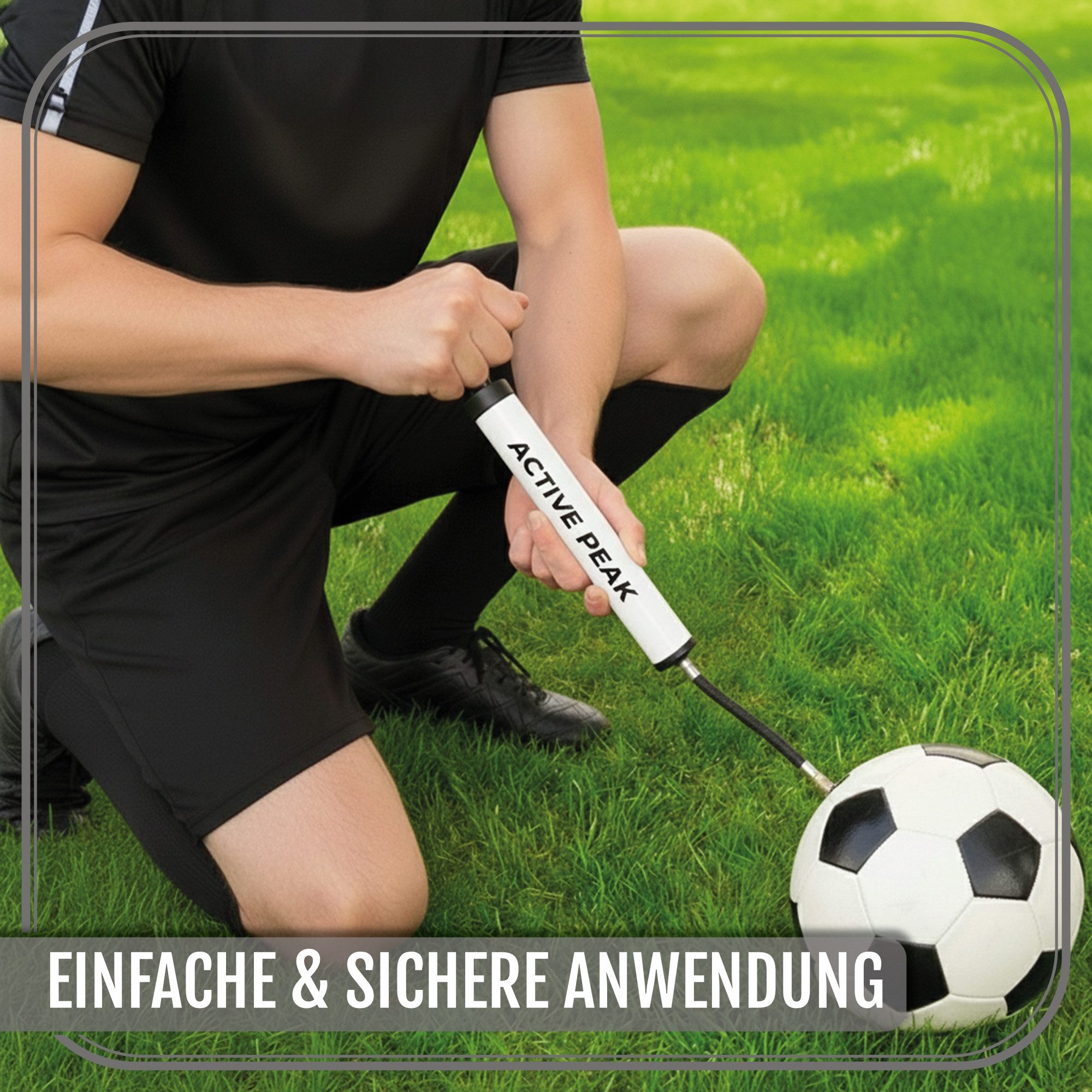 Active Peak Luftpumpe Profi Ballpumpe mit Zubehör (Kompakte Fußballpumpe inkl. Metallnadeln & Adaptern, All-in-One Set mit flexiblem Schlauch)
