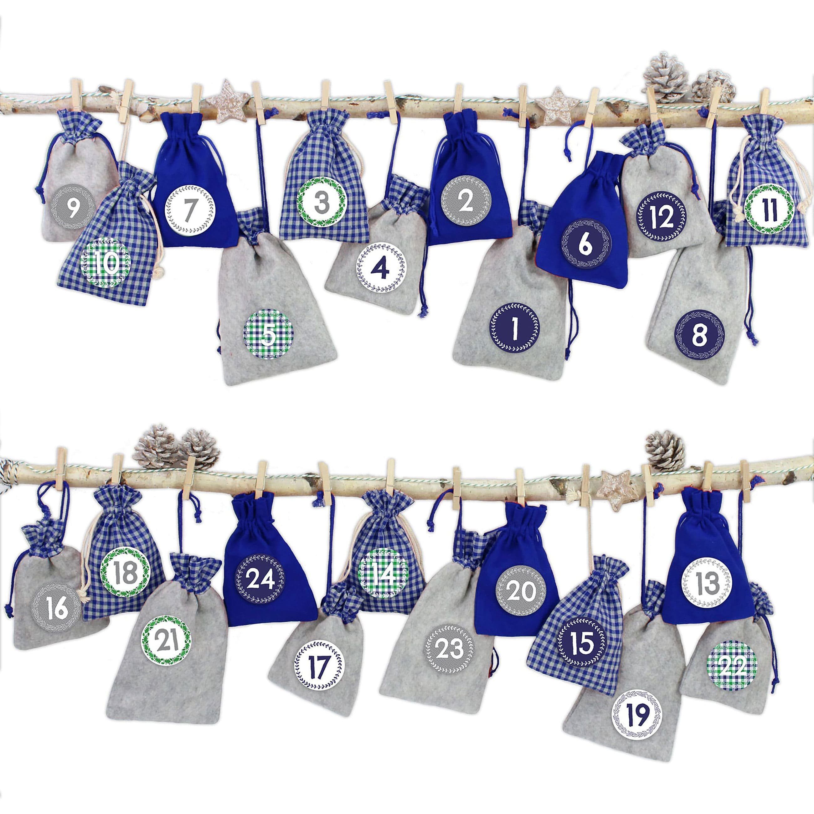 PAPIERDRACHEN befüllbarer Adventskalender Papierdrachen 24 Adventskalender Stoffsäckchen zum Befüllen, inkl. Bäckergarn, Holzklammern und 24 Zahlenaufklebern