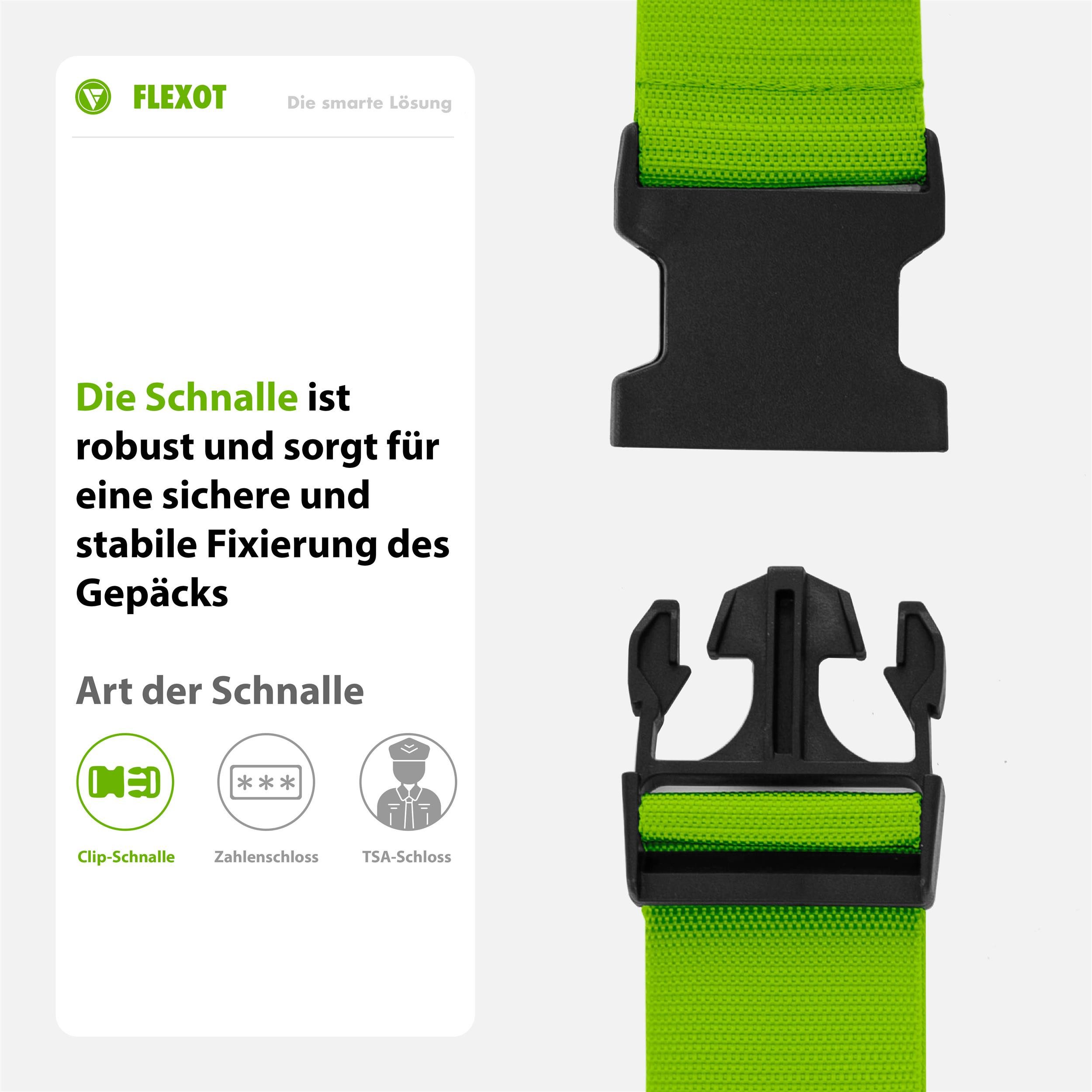 Flexot Koffergurt Koffergurt mit Clip-Schnalle, verstellbare Länge, Namensschild, Flexibel anpassbarer und stabiler Gurt mit praktischer Schnalle