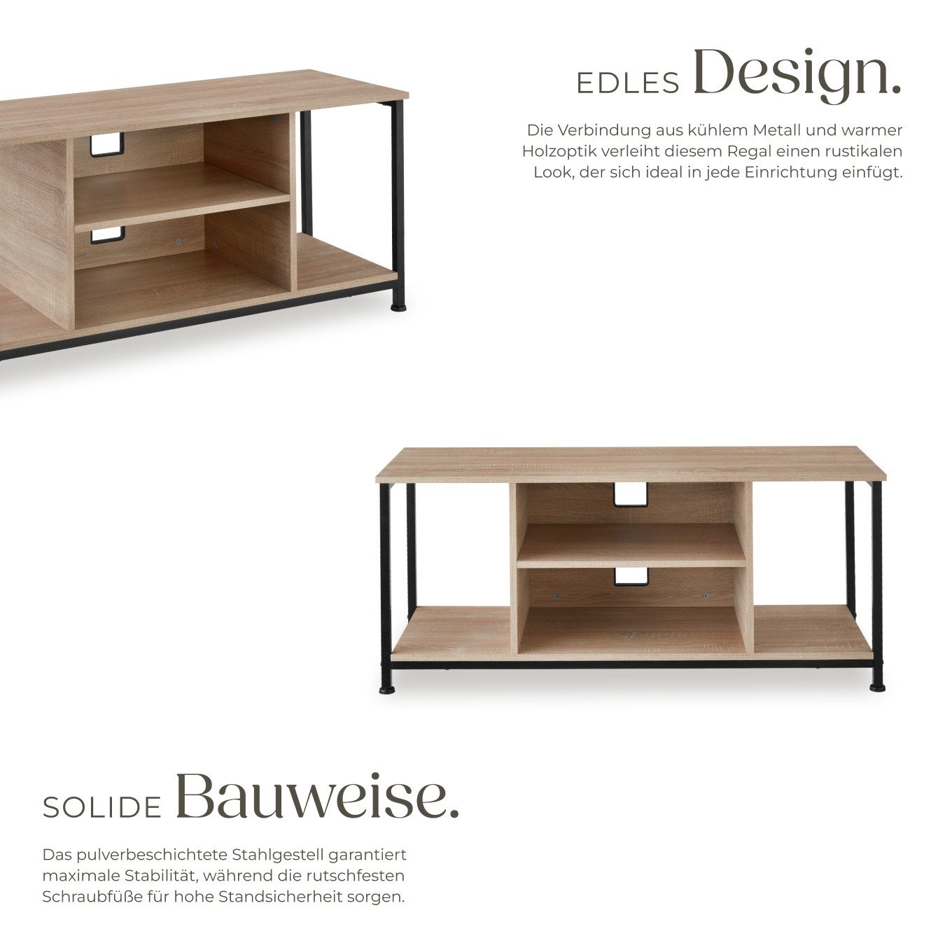 tectake Lowboard TV-Schrank, 110 x 40 x 50,5 cm, höhenverstellbare Kunststofffüße (Fernsehboard Austin, in Industrial Holz hell, Eiche Sonoma), Holz und Stahl, verstellbarer Einlegeboden und Kabelaussparungen