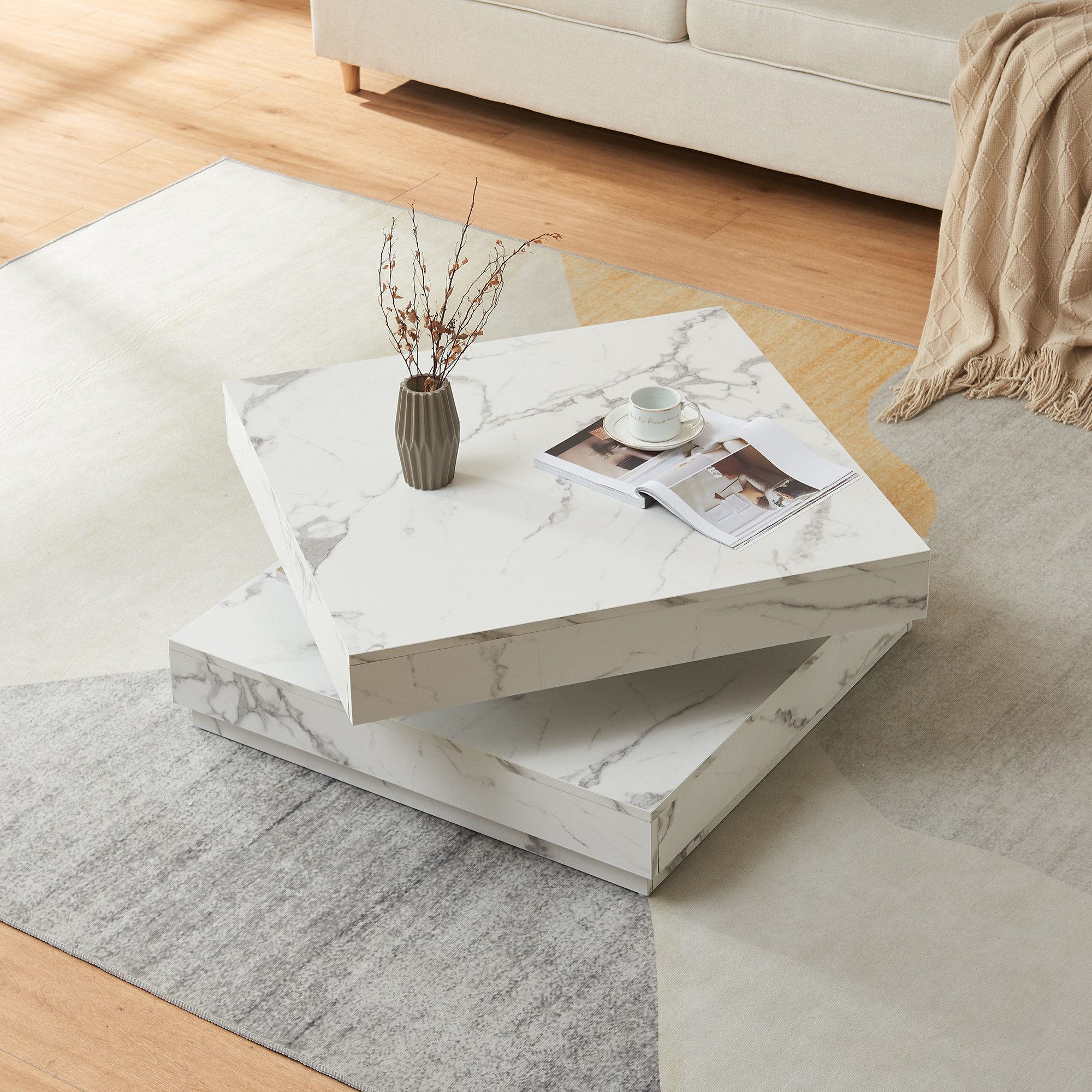 en.casa Couchtisch, »Florenz« quadratisch 76 x 76 x 38 cm Marmoroptik, weiß
