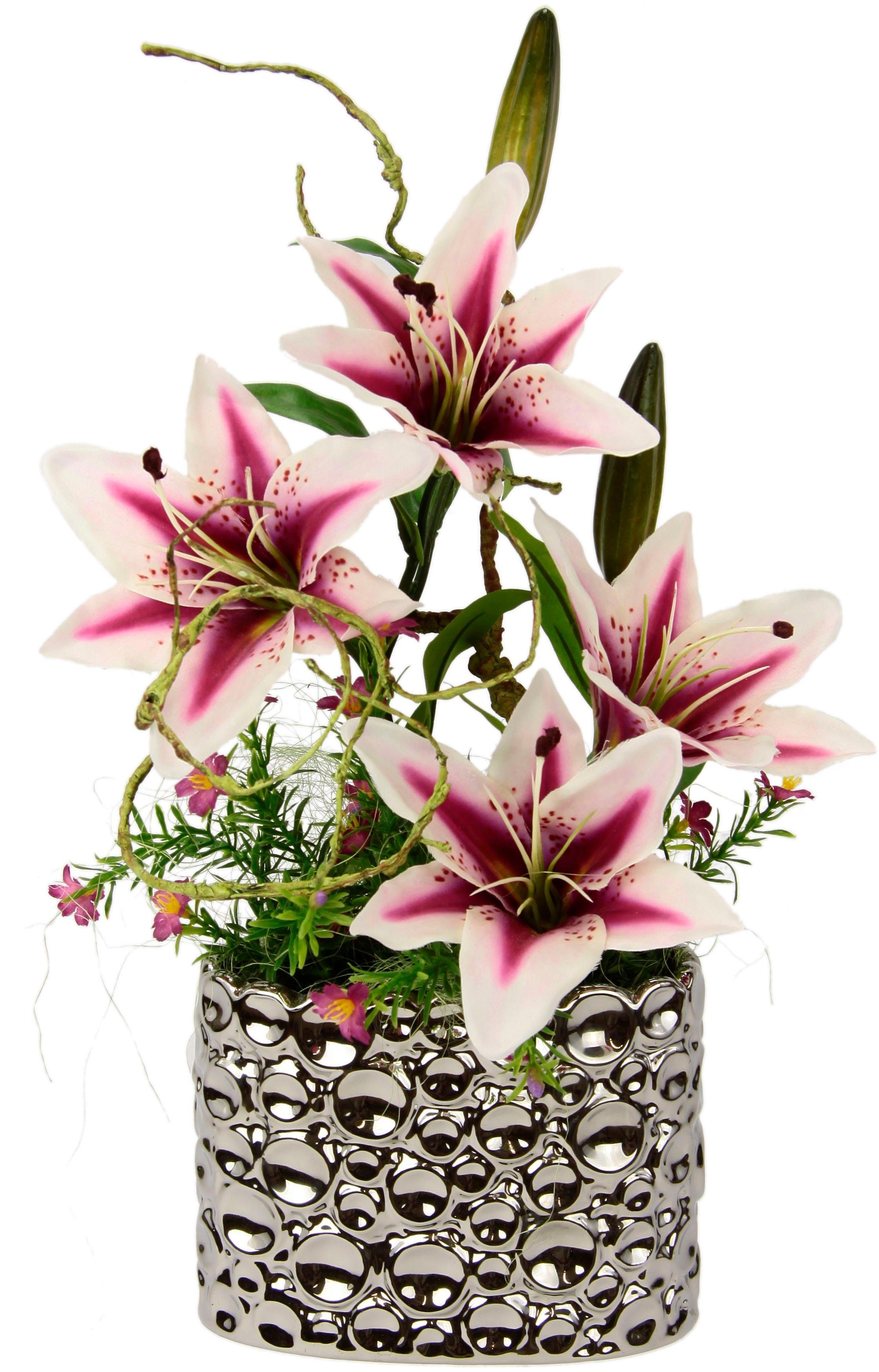 Kunstpflanze, Arrangement Lilien im Topf, Naturgetreue Kunstpflanze