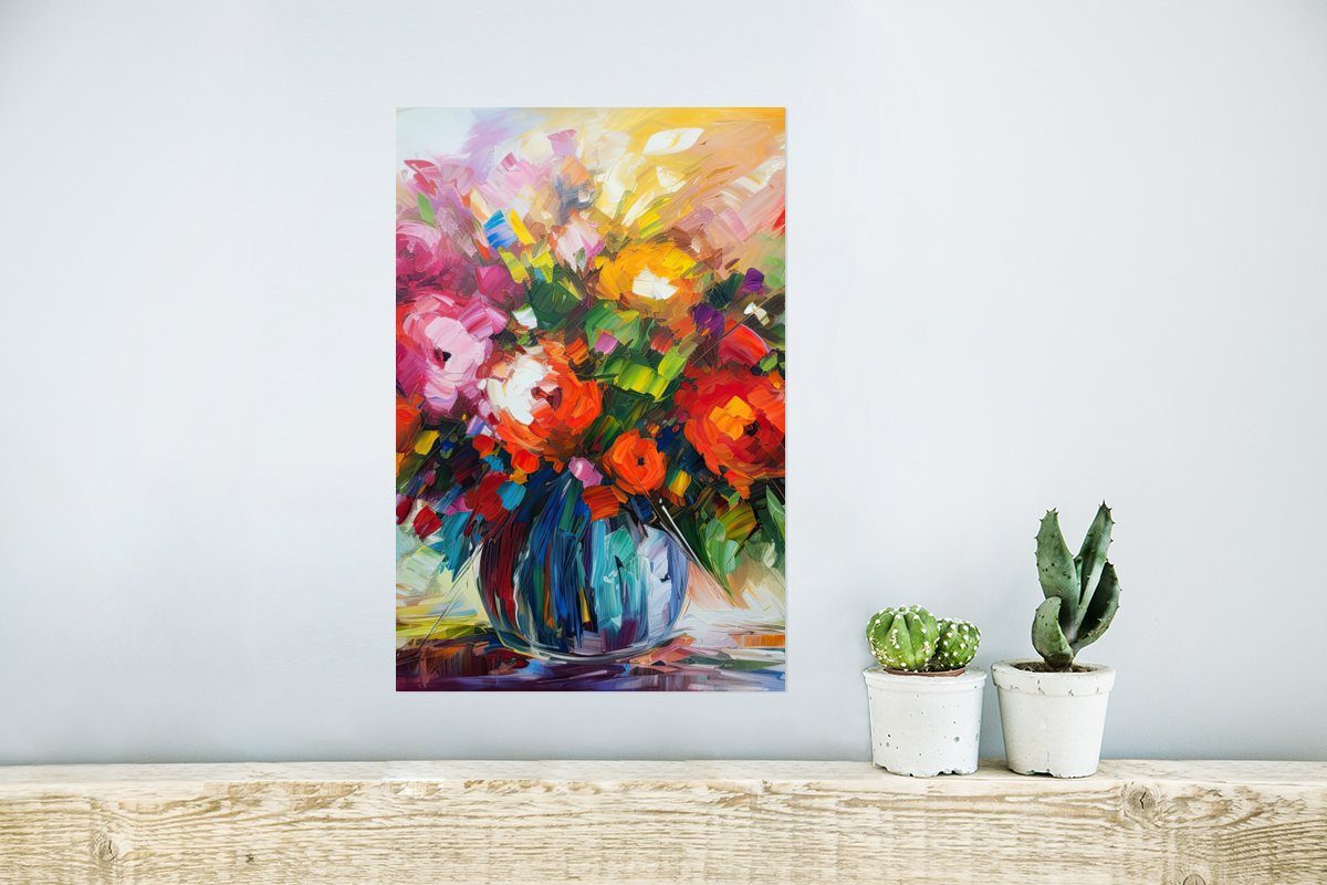 - Ohne Wandbild, MuchoWow Bunt Ölgemälde, (1 St), Wohnzimmer, Wandposter Poster Blumentopf für - Rahmen Poster, - Blumen