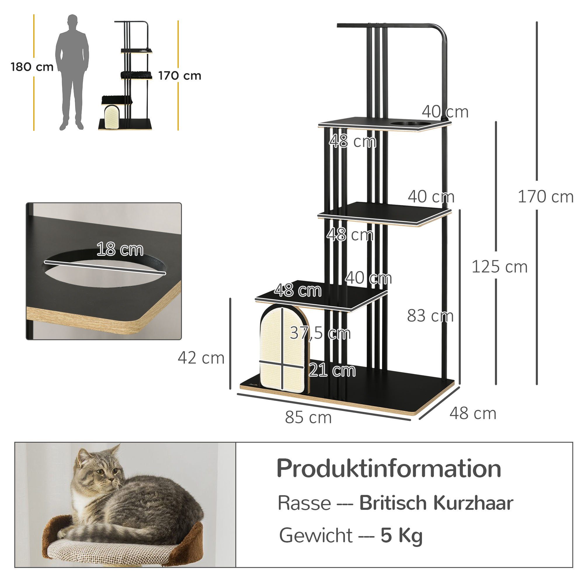 PawHut Kratzbaum mit 3 Plattformen, Katzenmöbel, mit Kissen, mit Kratzbrett, 48B x 85L x 170H cm