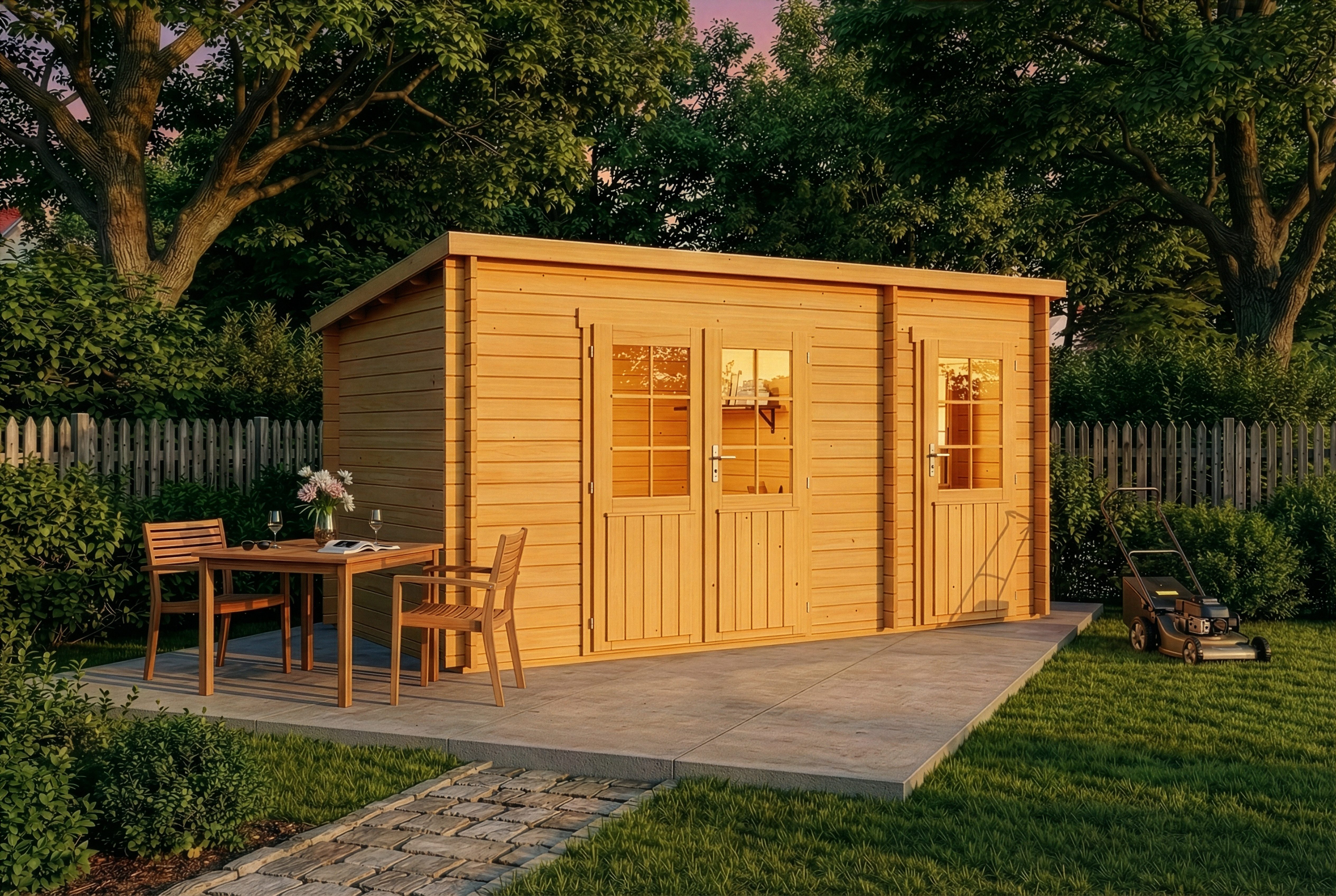 Alpholz Gartenhaus Holz Maria mit Anbau, BxT: 450x272 cm, in Imprägniert (Pinie) mit 28mm Wandstärke