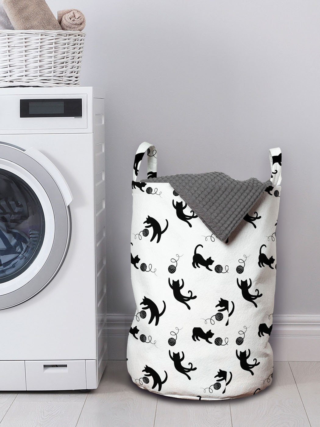 Nach Griffen Kordelzugverschluss mit Garn-Bällen Wäschekorb Katze Wäschesäckchen Verfolgen für Waschsalons, Abakuhaus
