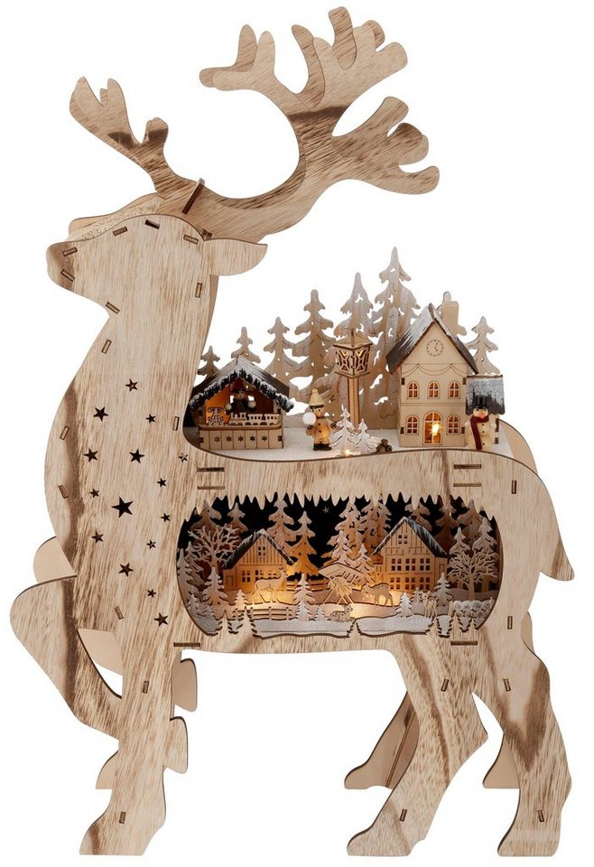 Höhe 16,5 cm *NEU* Weihnachtsdeko Dekofigur /"Rentier/" aus Holz auf Sockel