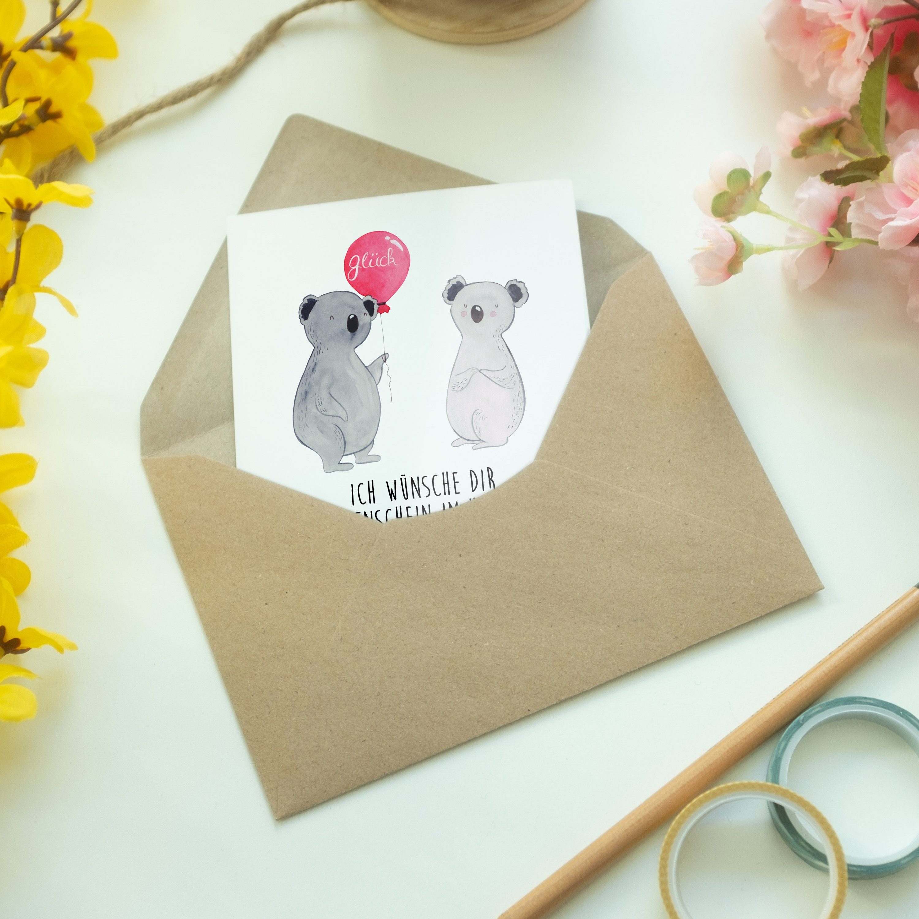 Mrs. Luftballon Mr. & Hoc Panda Geburtstagskarte, - Weiß Geschenk, Klappkarte, - Koala Grußkarte