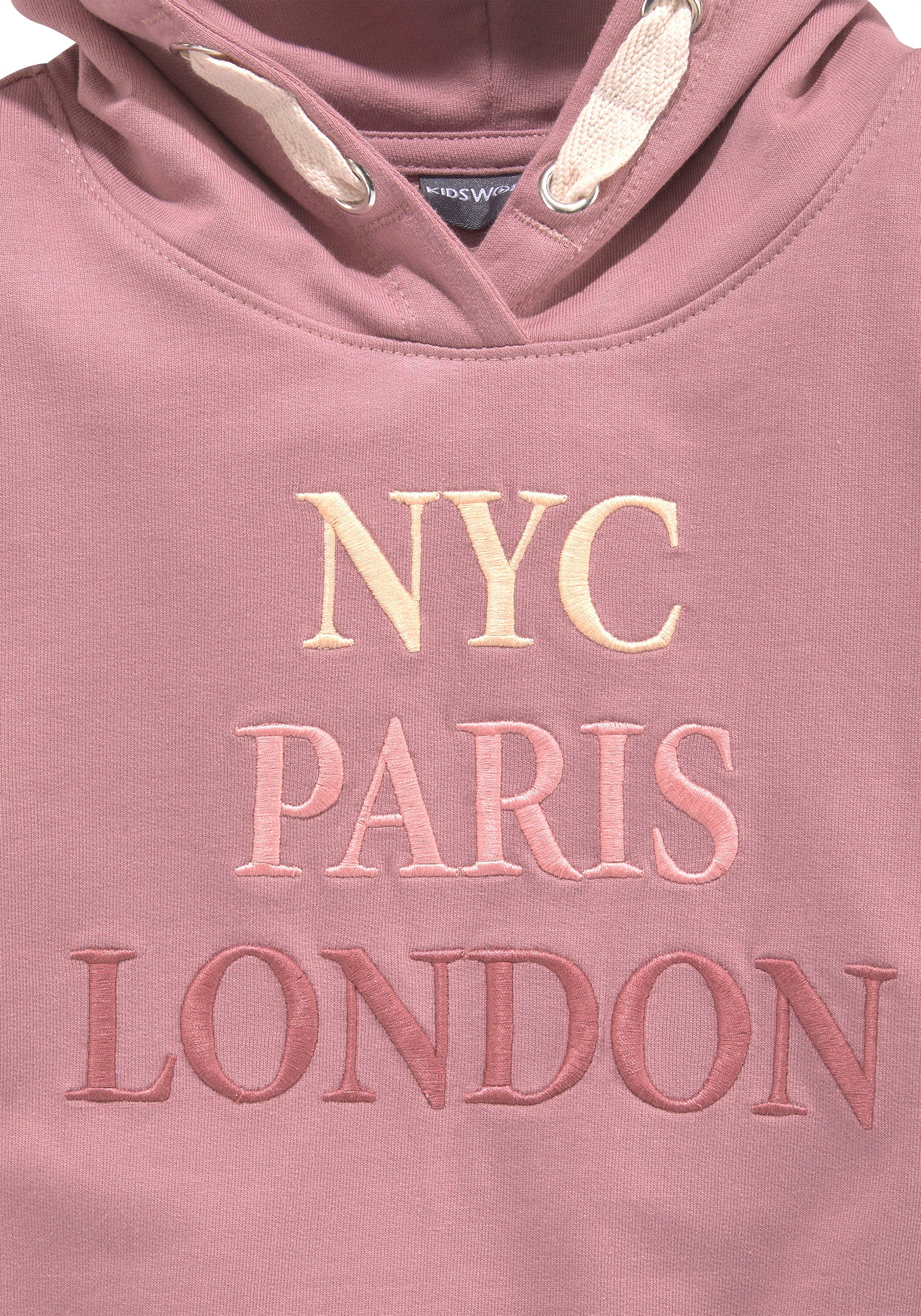 KIDSWORLD Kapuzensweatshirt NYC Paris London - Stickerei Langarm, gerade Passform, bedruckt, Kapuze, aus Baumwolle