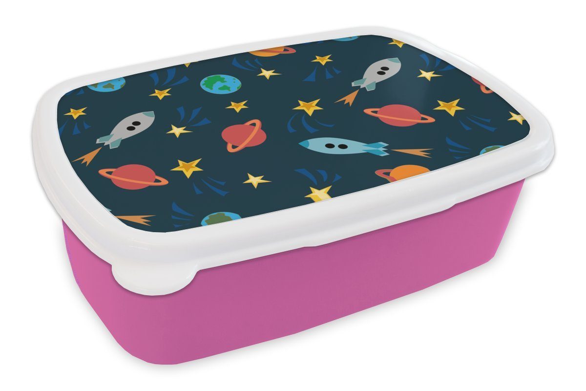 MuchoWow Lunchbox Muster - Erde - Weltraum - Rakete - Jungen - Kinder - Kinder, Kunststoff, (2-tlg), Brotbox für Erwachsene, Brotdose Kinder, Snackbox, Mädchen, Kunststoff rosa