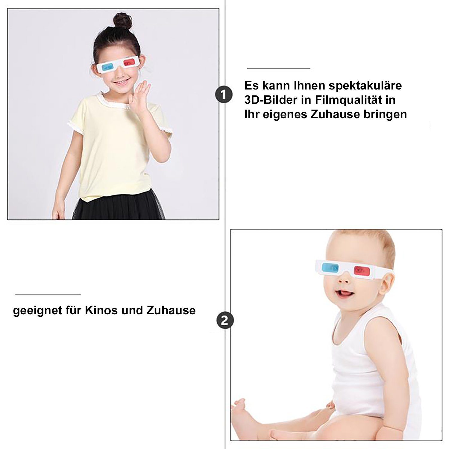 TPFNet 3D-Brille Anaglyphenbrille Rot/Cyan 3D Brille zum Ansehen von Filmen, 3D-Kino Brille - Material: Karton - Farbe: Weiß - 10 Stück – Bild 4 von 5