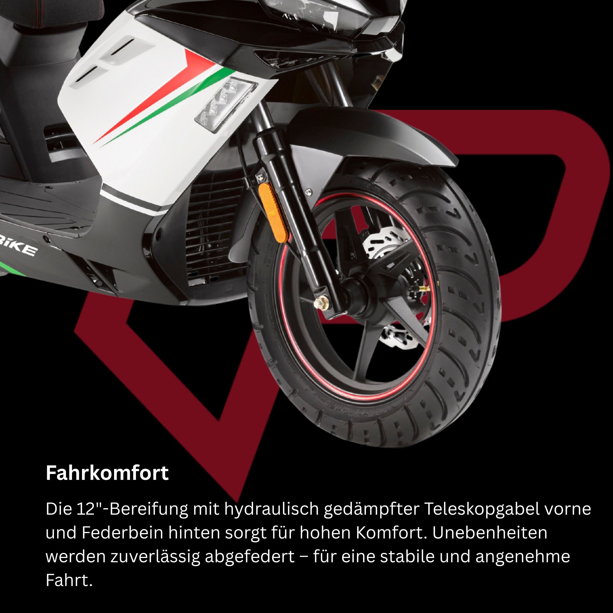 PRIKE Motorroller PRIKE P19 50 Sport, E5 (45km/h), 50 ccm, 45 km/h, Euro 5, Kraftstoffeinspritzung (EFI), 12" Bereifung, LED Beleuchtung, 3,1 PS