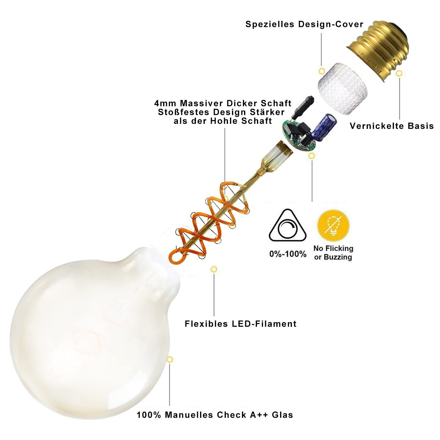 4W, 1 Nettlife St., E27, G95 LED-Leuchtmittel Edison Dimmbar Leuchtmittel