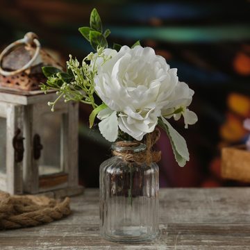 Kunstblumenstrauß Pfingstrose und Hortensie in Mini Glasvase Blumenvase Kunstblumen weiß, MARELIDA, Höhe 20 cm