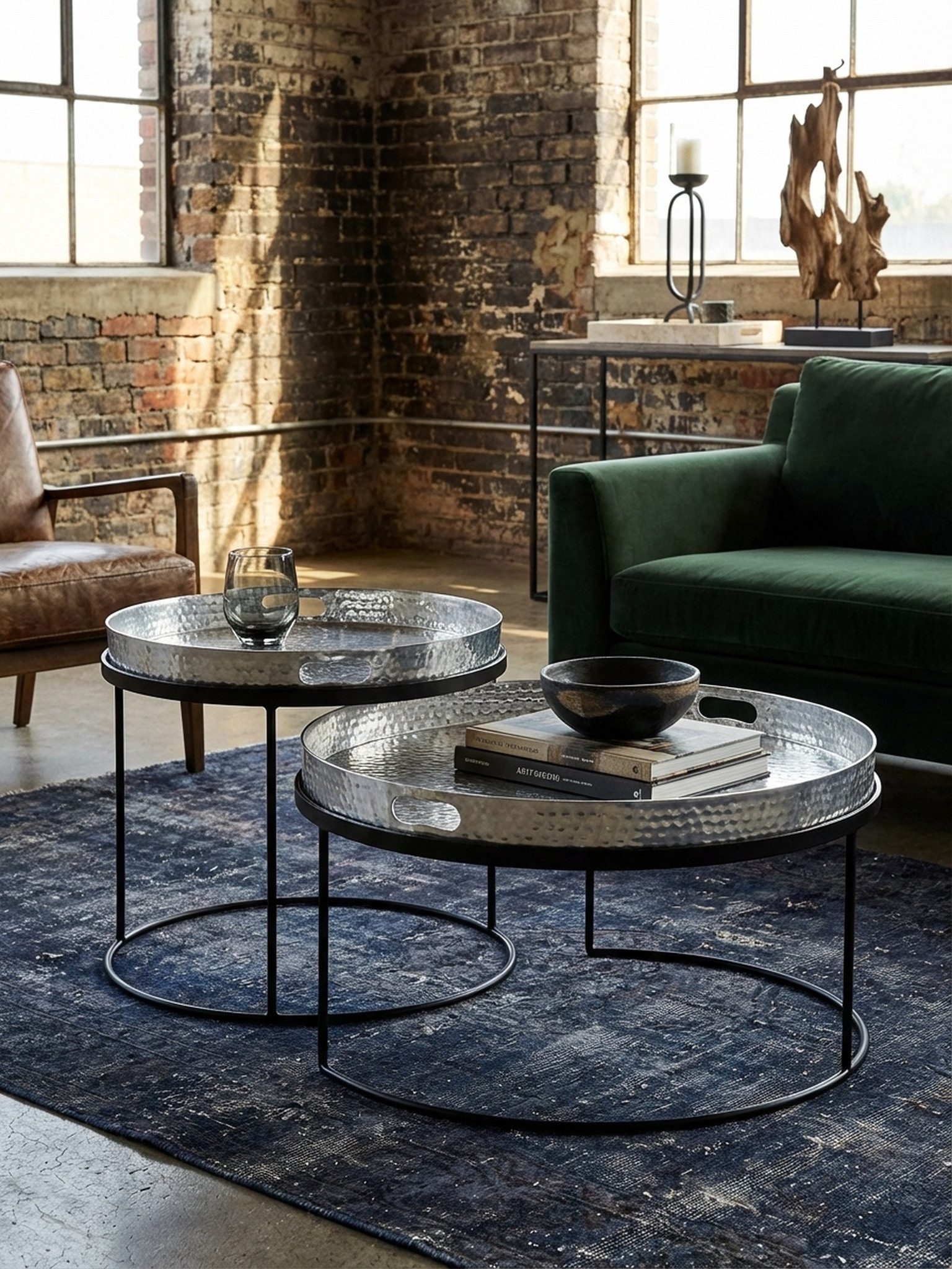 KADIMA DESIGN Satztisch Couchtisch 2er Set Silber / Schwarz Metall Hammerschlag Satztisch (Modern, Runder Beistelltisch), Rund, Sofatisch abnehmbares Tablett, Tabletttisch Sofa 2 teilig