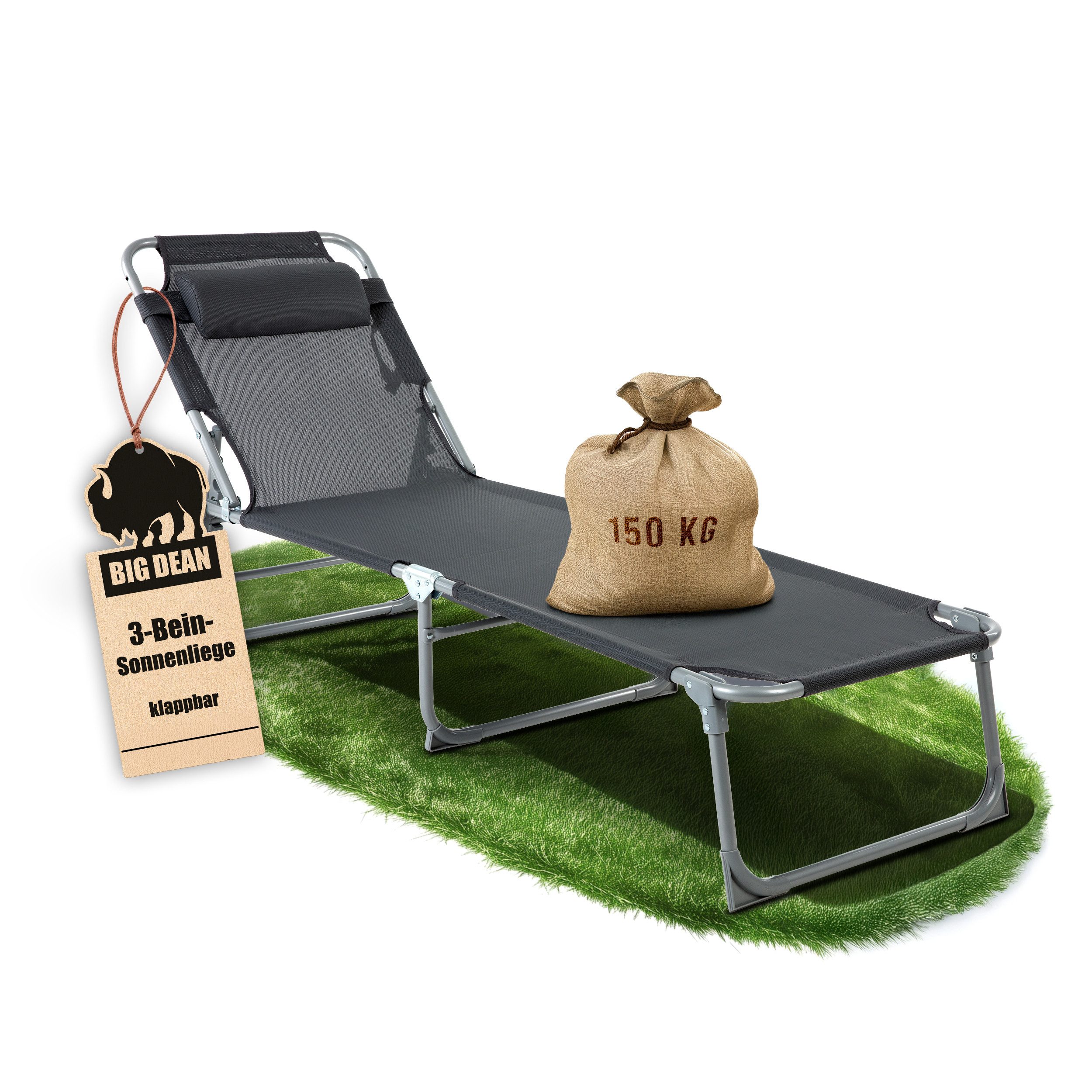 BigDean Gartenliege Sonnenliege klappbar mit Kopfkissen extra hoch dunkelgrau 150 kg, Packung, 1 St., Liege, 3-Bein, Mit Kopfkissen, Garten, Balkon, Strand