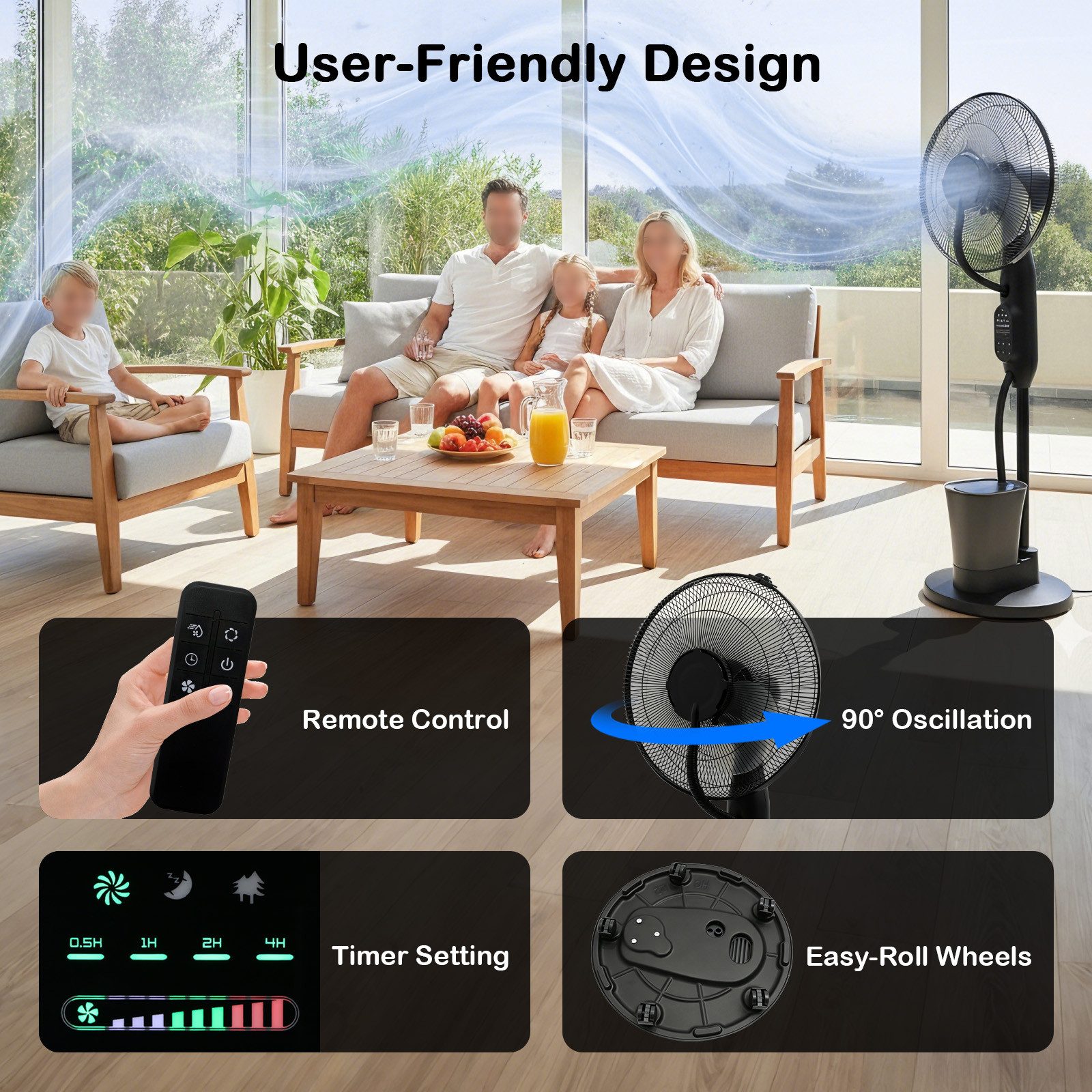 OZAVO Standventilator K-FS09R Ventilator mit 2,8L Wassertank, Bodenrollen und Fernbedienung, Leiser Sprühnebelventilator 90°Oszillation,4Modi,7.5H timer
