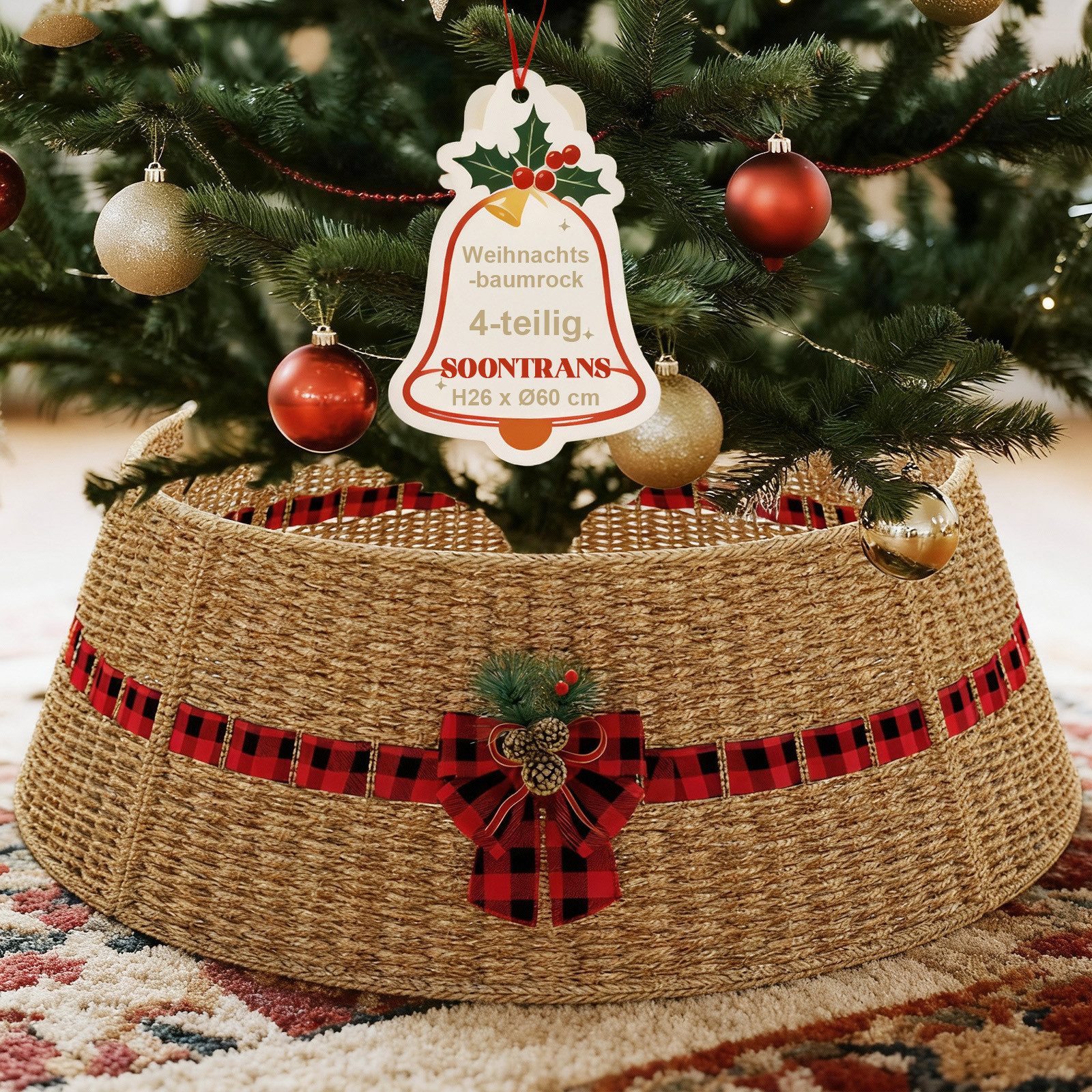 Ferghana Weihnachtsbaumdecke Weihnachtsbaumrock aus Geflochtene Weide, Weihnachtsbaum Kragen, Weihnachtsbaumständer Abdeckung mit Schleife, Weihnachtsbaum Korb