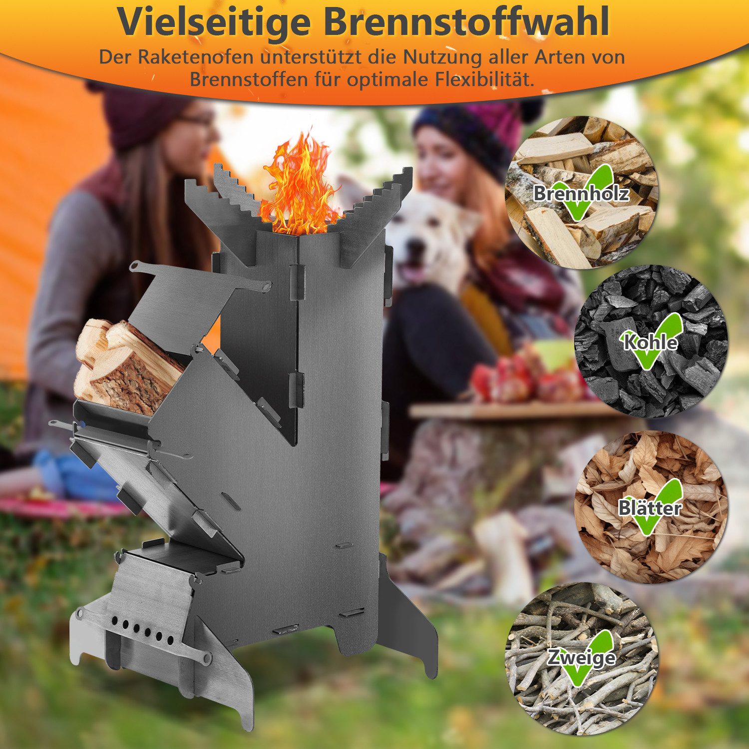 Clanmacy Feuerschale Raketenofen inkl. Grillplatte und Feuerstellen-Poker Campingkocher – Bild 5 von 5