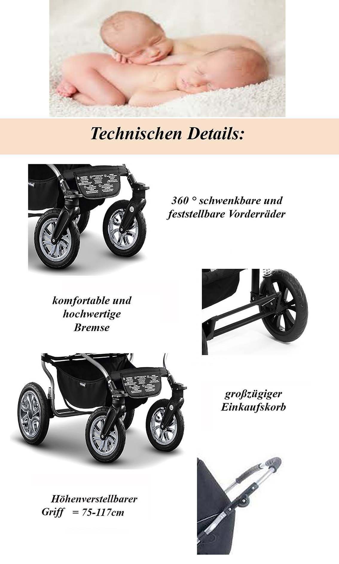 1 2 Zwillingskinderwagen - 20 Teile 14 in in Schwarz-Schwarz Duet Elcar Zwillings-Kombikinderwagen - Farben