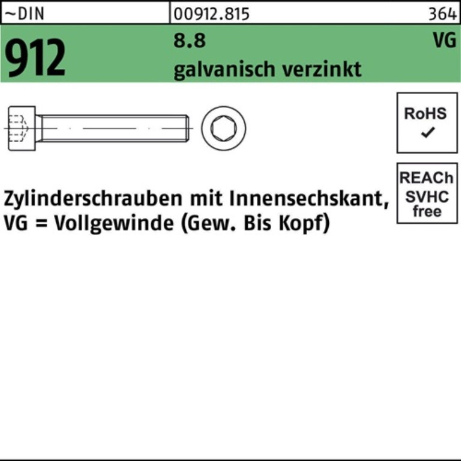 8.8 912 DIN Innen-6kt galv.verz Pack 100er VG Zylinderschraube M10x100 Zylinderschraube Reyher