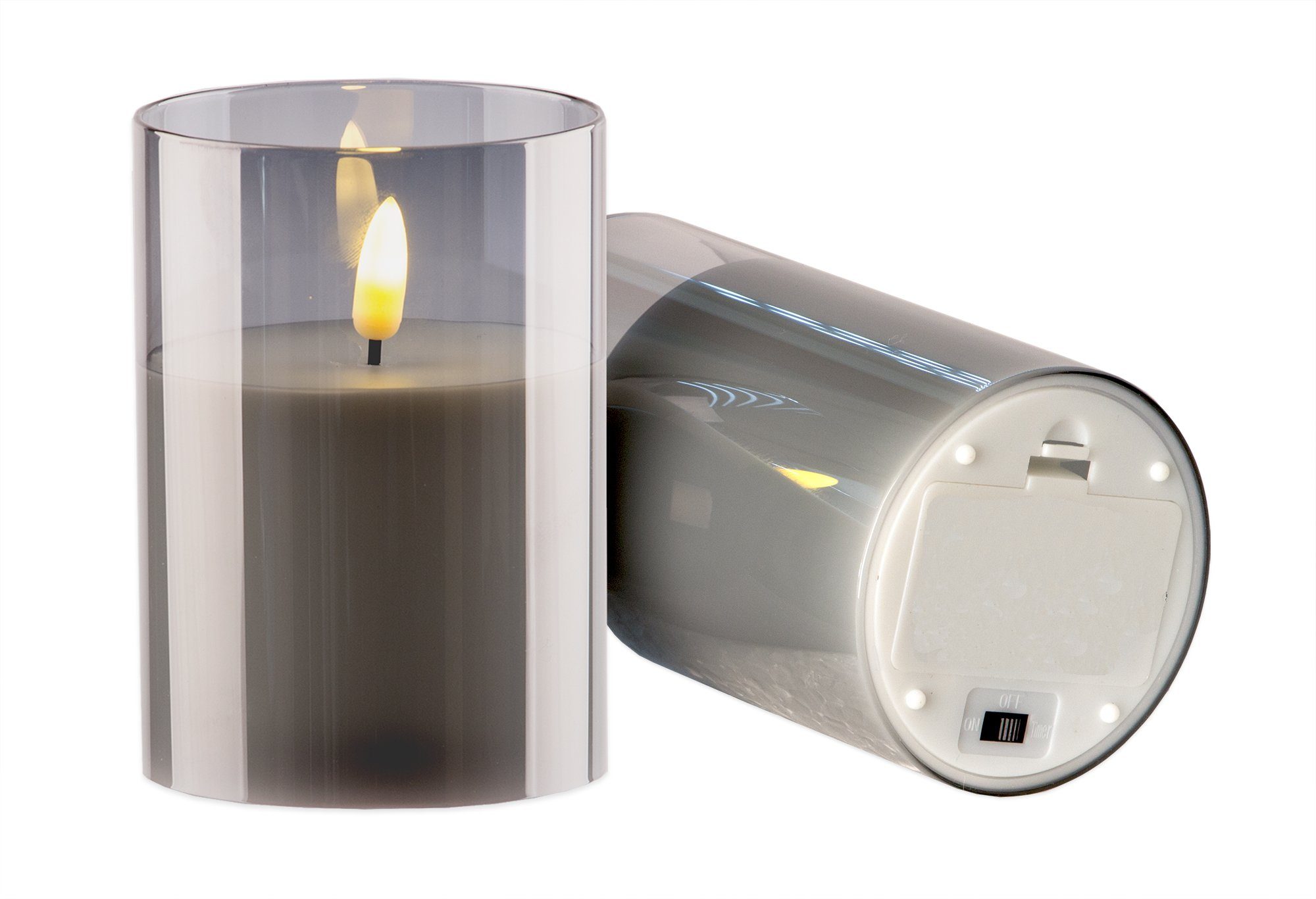 BigDean LED-Kerze 2x LED Echtwachskerzen im Glas 7,5x12,5cm Grau Mit  Timer-Funktion