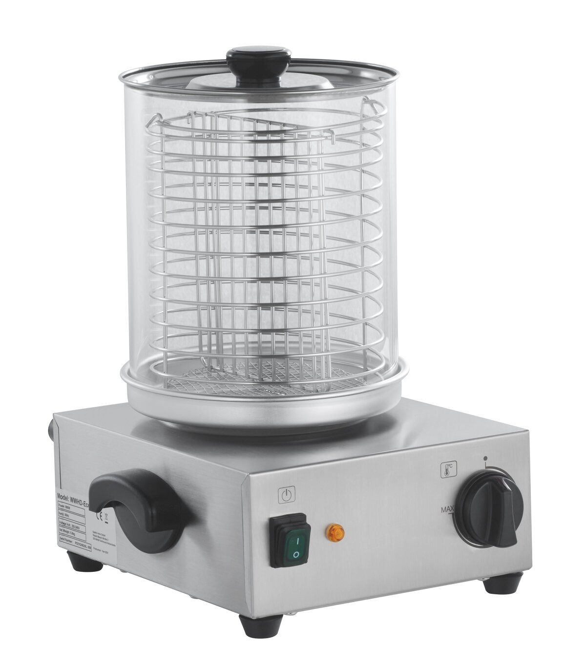 GastroHero Hotdog-Maker Wurstwärmer Edelstahl Glaszylinder 30 cm Hot Dog Gerät, 300 W, Glaszylinder für optimale Sichtbarkeit, Kontrollleuchte