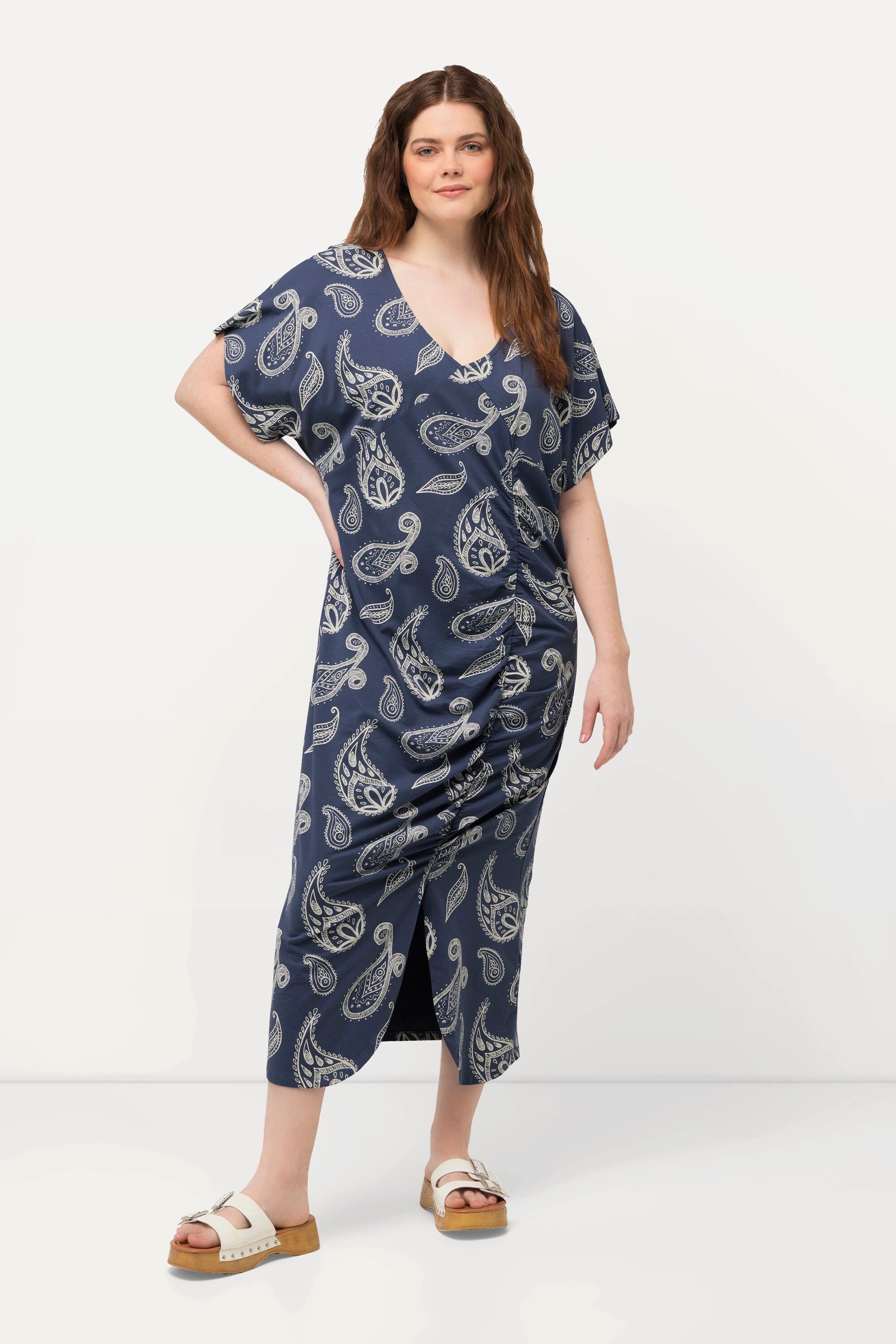 Ulla Popken Midikleid Midikleid Paisley V-Ausschnitt Halbarm