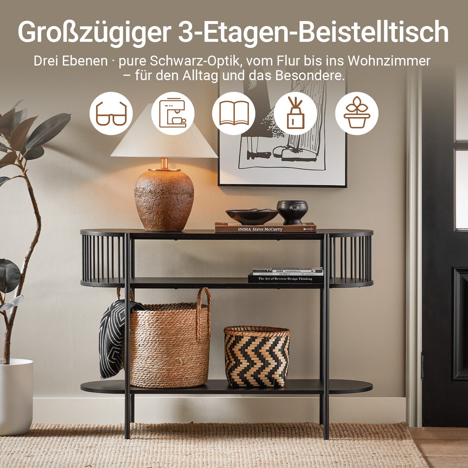 SoBuy Konsolentisch FSB90, Flurtisch schmal, Sofatisch, Metall mit 3 Ablagen, Konsole Holz, Konsolentisch Modern, für Flur, Wohnzimmer, Esszimmer, Großer Stauraum