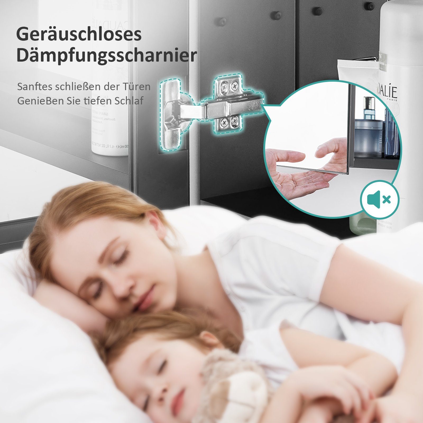 EMKE Spiegelschrank badspiegelschrank, 2-türig, ohne Beleuchtung, 60 × 65 cm Aluminiumkorpus, Innen-/Außenspiegel, Soft-Close, 2 Glasböden – Bild 4 von 5