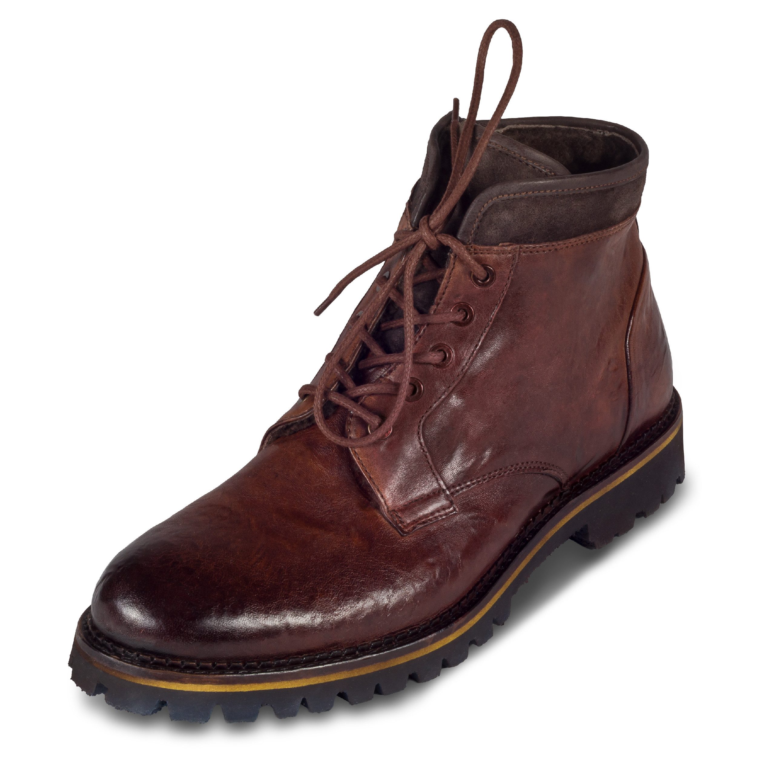 Lorenzi Lorenzi Herren Schnür-Stiefel braun, Lammfell, Leder stonewashed Stiefel Handgefertigt in Italien